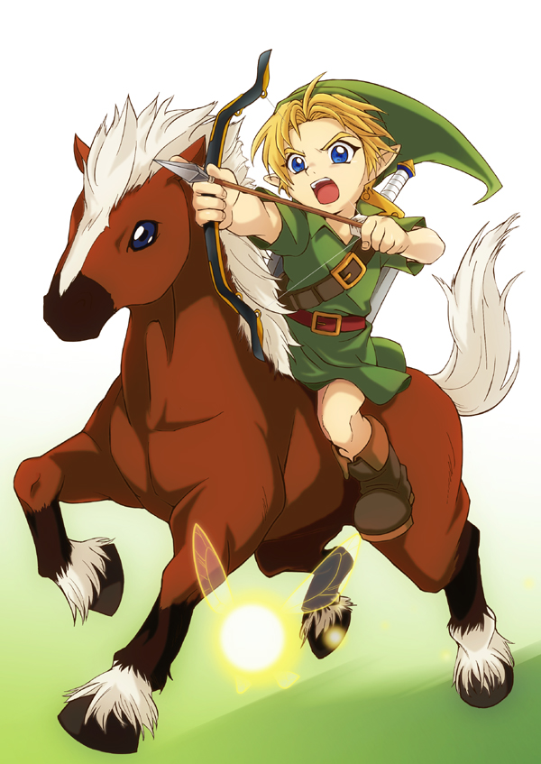 koga (pasuka), epona, link, young link, nintendo, the legend of zelda, the legend of zelda: majora's mask, the legend of zelda: ocarina of time, bad id, bad pixiv id, 1boy, arrow (projectile), blonde hair, blue eyes, bow (weapon), drawing bow, fairy, hat, holding bow (weapon), horse, male focus, mounted archery, pointy ears, solo, weapon