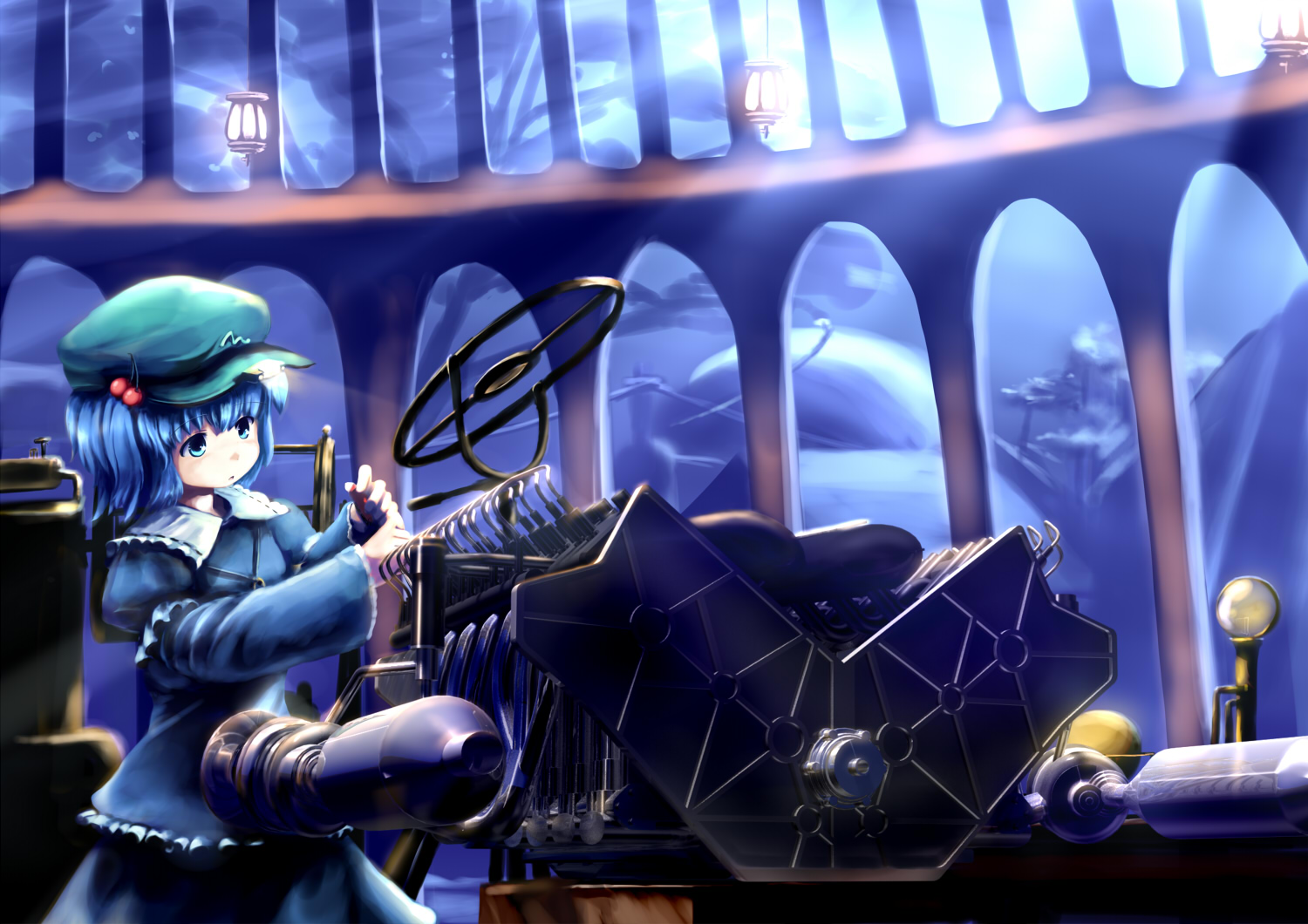 tsubasa (abchipika), kawashiro nitori, touhou, 1girl, blue eyes, blue hair, engine, female focus, hair bobbles, hair ornament, hat, laboratory, matching hair/eyes, short hair, solo, twintails, two side up, underwater