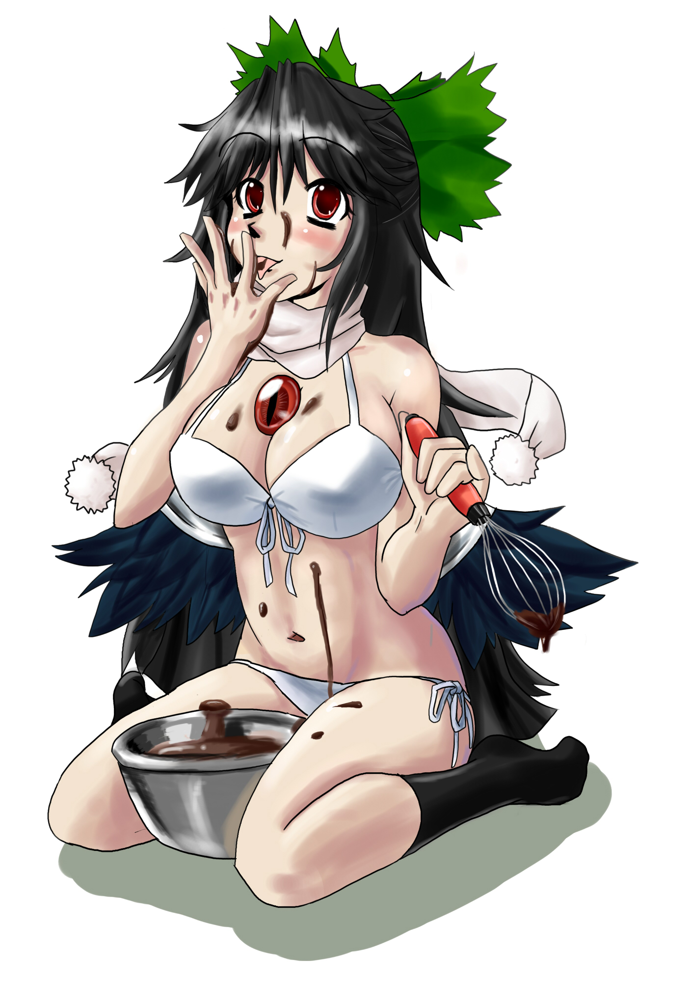 kyuu kai, reiuji utsuho, touhou, messy, highres, 1girl, bikini, black hair, black socks, bow, breasts, chocolate, chocolate making, cooking, female focus, food, full body, hair bow, kneehighs, kneeling, licking, licking finger, long hair, red eyes, socks, solo, swimsuit, white background, white bikini, wings