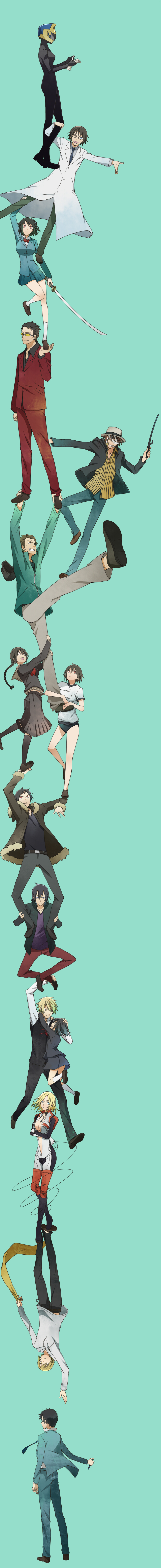 kazu sanbon, akabayashi, awakusu akane, celty sturluson, heiwajima kasuka, heiwajima shizuo, kadota kyouhei, kida masaomi, kishitani shinra, orihara izaya, orihara kururi, orihara mairu, rokujou chikage, ryuugamine mikado, sonohara anri, vorona, durarara!!, absurdres, bad id, bad pixiv id, highres, long image, tall image, 6+boys, 6+girls, bartender, black hair, blonde hair, blue eyes, bob cut, bow, bowtie, brown eyes, brown hair, cigarette, glasses, helmet, jacket, long hair, male focus, multiple boys, multiple girls, red eyes, school uniform, short hair, skirt, smile, sunglasses, sword, trust me (durarara!!), vest, weapon