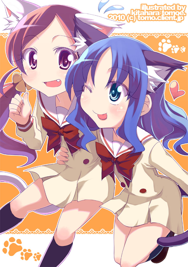 kitahara tomoe (kitahara koubou), hanasaki tsubomi, kurumi erika, heartcatch precure!, precure, 10s, 2girls, :p, animal ears, blue eyes, blue hair, cat ears, cat tail, eyelashes, fang, heart, long hair, multiple girls, one eye closed, pink eyes, school uniform, tail, tongue, tongue out, wink