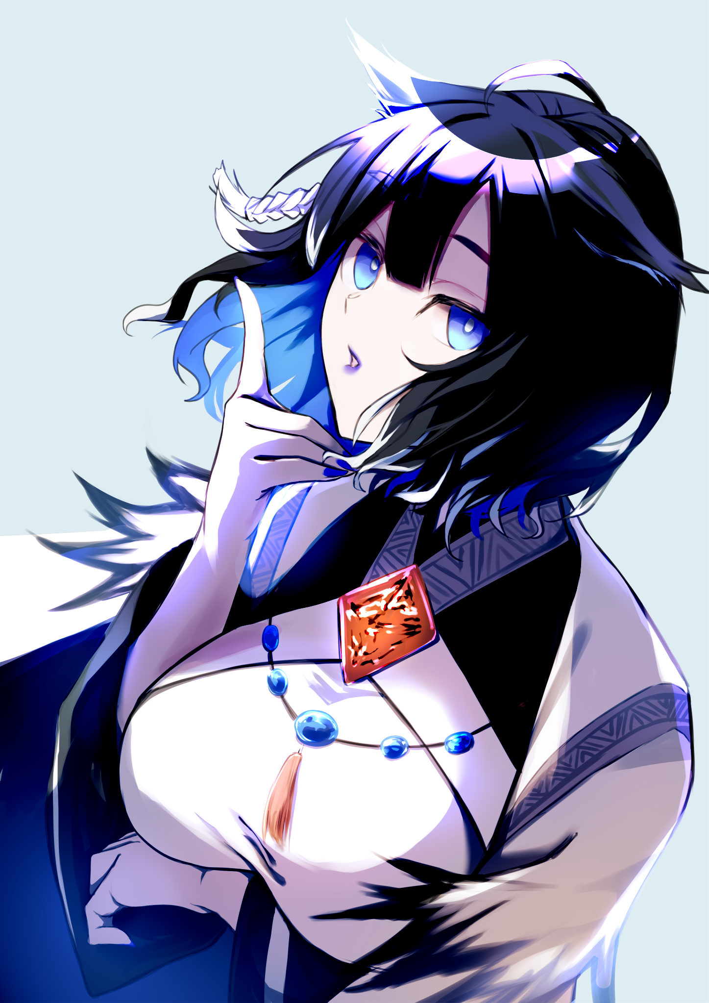 shikitsuki, kjera (arknights), arknights, commentary request, highres, 1girl, black hair, blue eyes, blue hair, blue lips, blue nails, dress, jewelry, long hair, looking at viewer, multicolored hair, necklace, short hair, simple background, smile, solo, white dress