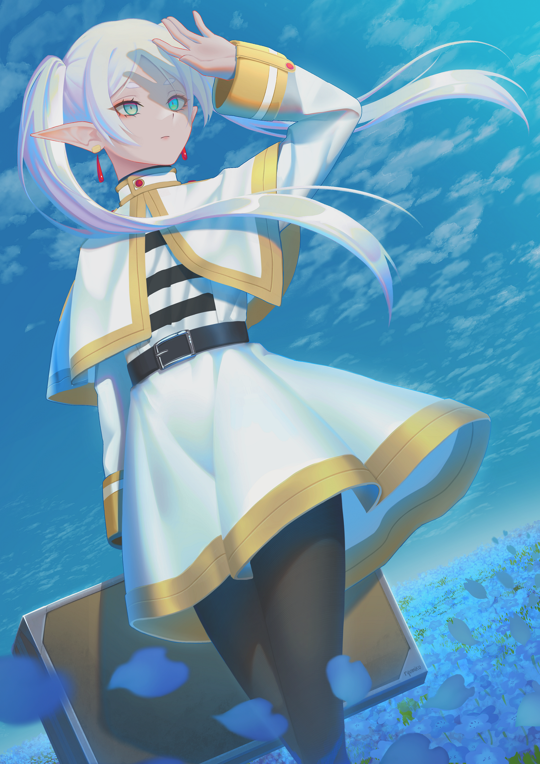 ryumikooo, frieren, sousou no frieren, absurdres, commentary, highres, 1girl, aqua eyes, belt, capelet, closed mouth, covering face, dress, dutch angle, earrings, elf, feet out of frame, field, flower, flower field, hand up, holding, holding suitcase, horizon, jewelry, long hair, long sleeves, outdoors, parted lips, petals, pointy ears, sky, solo, standing, suitcase, teardrop earrings, twintails, white capelet, white dress, white hair