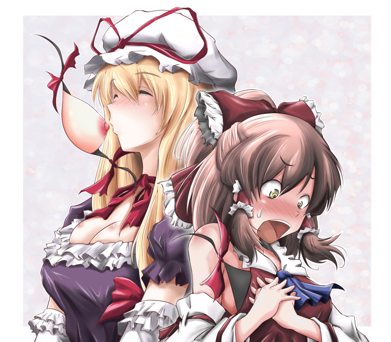 ao usagi, hakurei reimu, yakumo yukari, touhou, 2girls, blonde hair, blush, bow, breast sucking, breasts, brown hair, detached sleeves, elbow gloves, female focus, gap (touhou), gloves, hair bow, hat, large breasts, long hair, multiple girls, nipples, no bra, open mouth, perverted utility, portal (object), power perversion, short hair, surprised, sweat, sweatdrop, yellow eyes, yuri