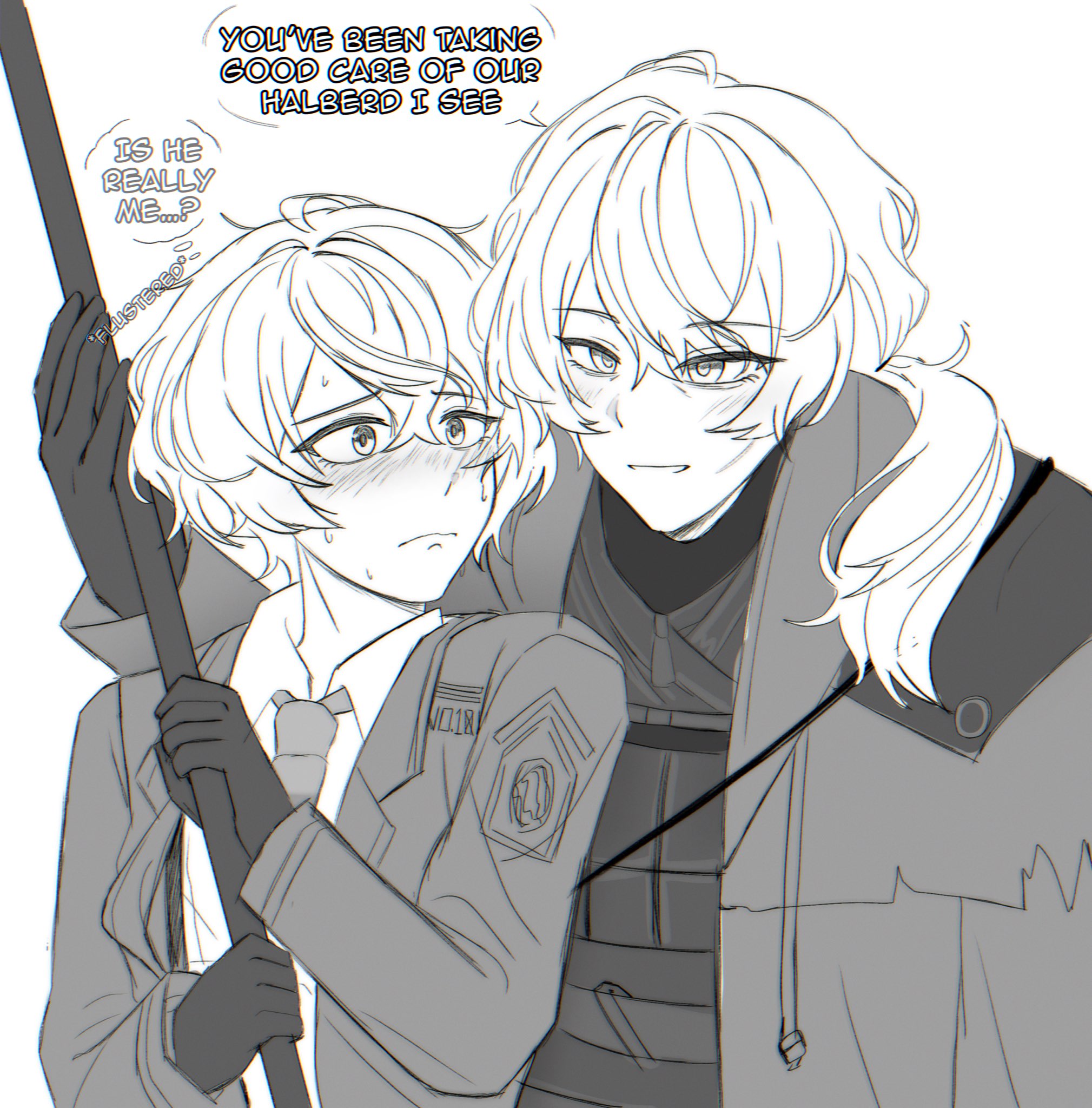 sinclair (project moon), limbus company, project moon, commentary, english commentary, highres, 1boy, a certain sinclair (project moon), aged up, black gloves, blush, closed mouth, english text, gloves, halberd, height difference, long hair, male focus, mijo vogel11, monochrome, necktie, open mouth, polearm, ponytail, red necktie, shirt, simple background, upper body, weapon, white background, white shirt