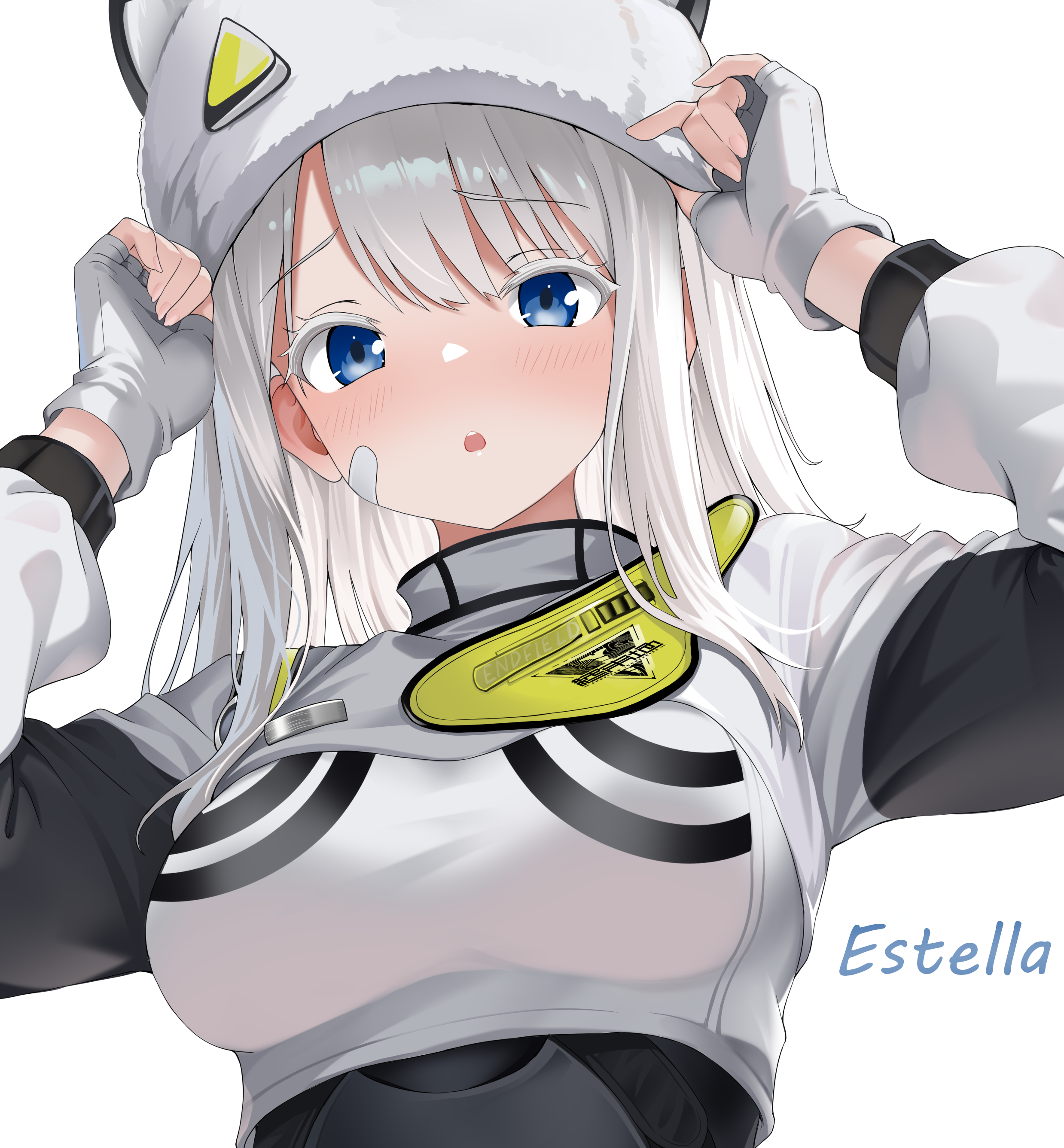 estella (arknights), arknights, arknights: endfield, absurdres, commentary request, highres, 1girl, adjusting clothes, adjusting headwear, animal ears, animal hat, bandaid, bandaid on cheek, bandaid on face, blue eyes, blush, bodysuit, breasts, character name, fingerless gloves, gloves, grey hair, hands up, hat, large breasts, long hair, long sleeves, looking at viewer, parted lips, shirt, solo, teef, upper body, white background, white hair, white hat