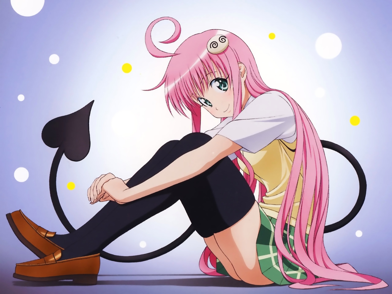 lala satalin deviluke, to love-ru, 1girl, blush, female focus, full body, gradient background, green eyes, legs, long hair, miniskirt, no panties, pink hair, school uniform, skirt, smile, solo