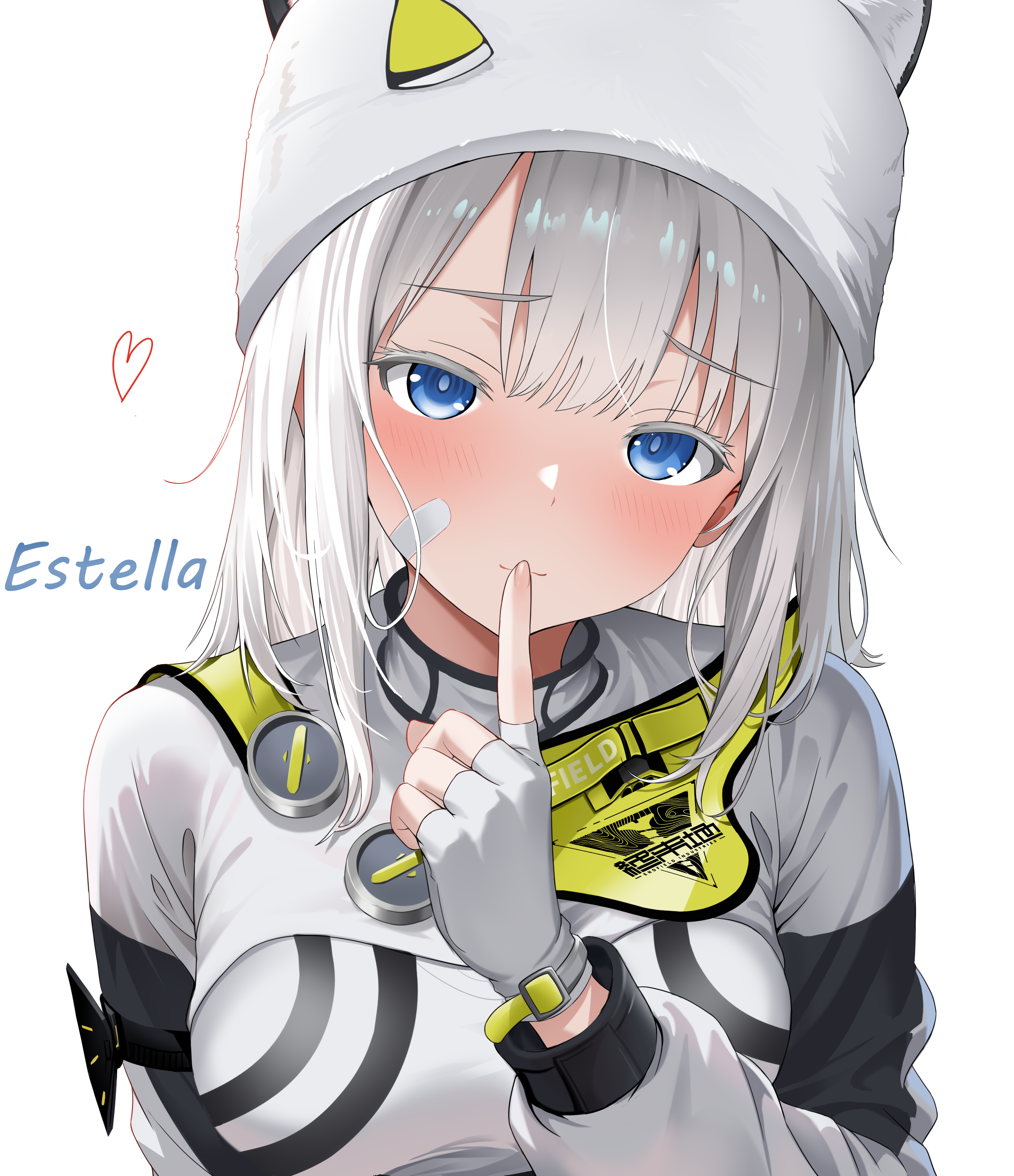 estella (arknights), arknights, arknights: endfield, absurdres, commentary request, highres, 1girl, animal hat, bandaid, bandaid on cheek, bandaid on face, blue eyes, blush, bodysuit, breasts, character name, closed mouth, finger to mouth, fingerless gloves, gloves, hat, heart, index finger raised, jitome, large breasts, long hair, long sleeves, looking at viewer, simple background, solo, teef, upper body, white background, white hair, white hat