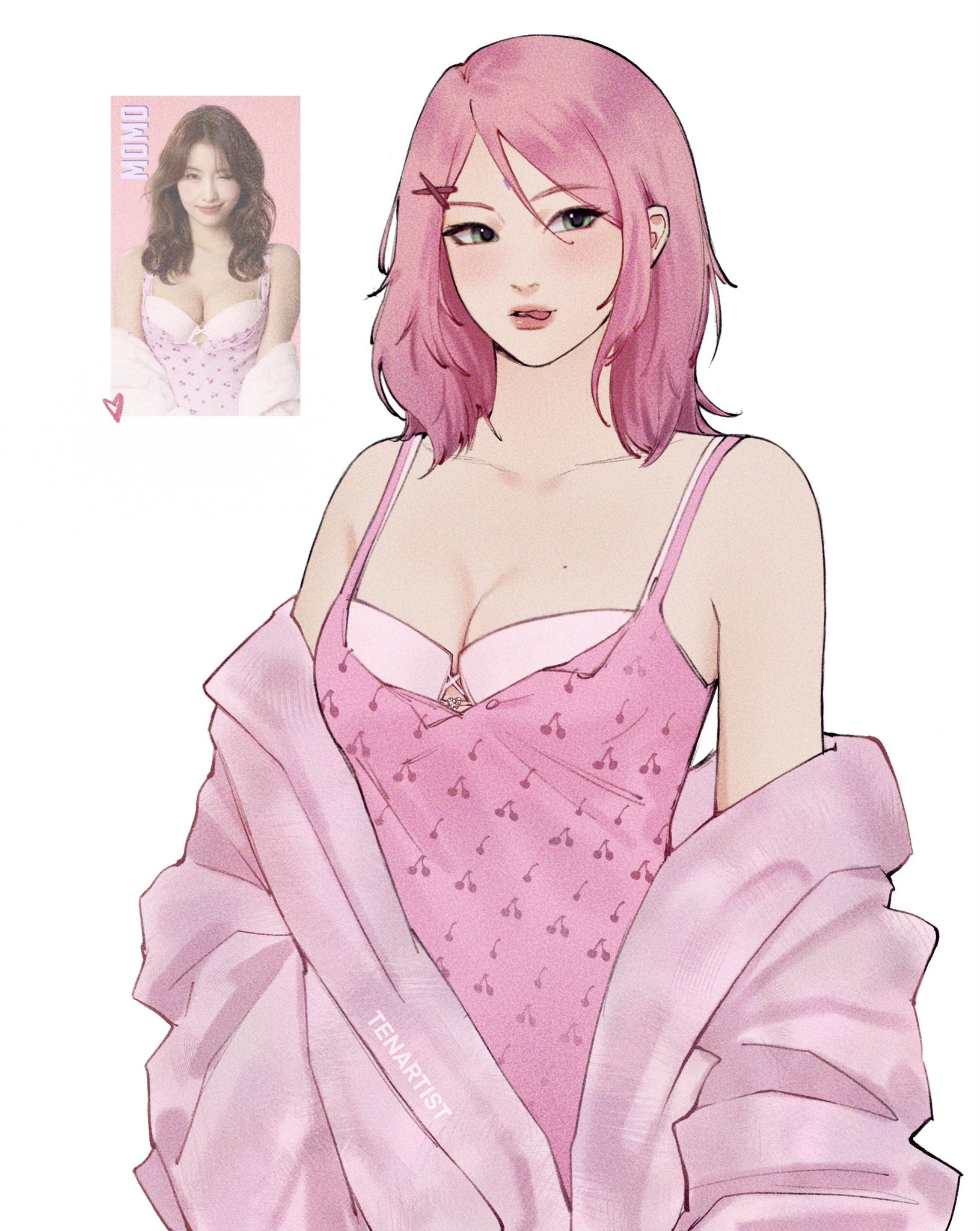 tenartistt, haruno sakura, momo (twice), boruto: naruto next generations, naruto (series), twice (group), commentary, highres, symbol-only commentary, 1girl, alternate costume, artist name, bra, bra peek, breasts, camisole, cherry print, cleavage, collarbone, cosplay, cowboy shot, film grain, food print, fruit print, hair ornament, heart bra, jacket, jacket partially removed, k-pop, lipgloss, looking to the side, medium breasts, medium hair, mole, mole on breast, momo (twice) (cosplay), photo inset, pink bra, pink camisole, pink hair, pink jacket, print camisole, reference inset, swept bangs, tongue, tongue out, underwear, watermark, white background, x hair ornament