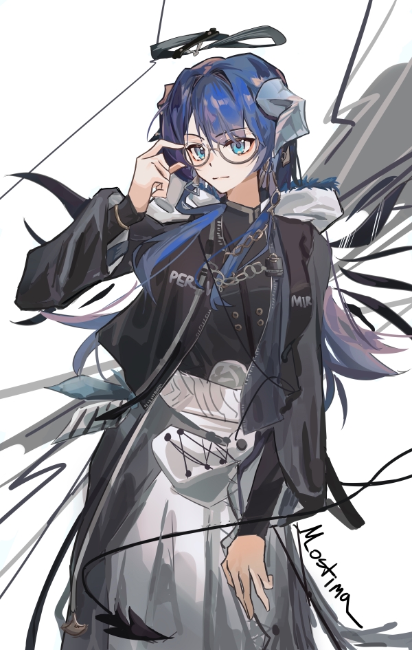 mostima (arknights), arknights, commentary request, 1girl, adjusting eyewear, bespectacled, black halo, black jacket, black shirt, black wings, blue eyes, blue hair, character name, closed mouth, cowboy shot, dark halo, demon horns, demon tail, detached wings, energy wings, fur-trimmed hood, fur trim, glasses, halo, hand up, hood, hood down, hooded jacket, horns, jacket, jewelry, long hair, long skirt, long sleeves, looking at viewer, necklace, open clothes, open jacket, shirt, signature, simple background, skirt, smile, solo, tail, user ryga7238, white background, white skirt, wings