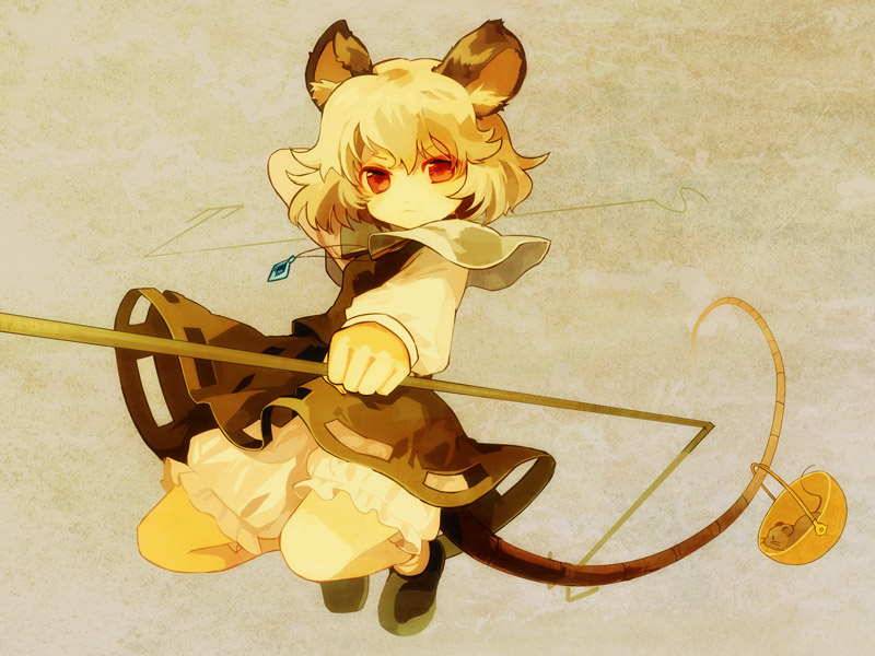 chaba (hortensia), nazrin, touhou, 1girl, animal ears, bloomers, capelet, dowsing rod, female focus, jewelry, mouse (animal), mouse ears, mouse tail, pendant, red eyes, short hair, solo, tail, underwear