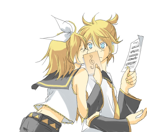 aira (exp), kagamine len, kagamine rin, vocaloid, lowres, 1boy, 1girl, blonde hair, blue eyes, brother and sister, closed eyes, detached sleeves, sheet music, short hair, siblings, smile, treble clef, twins