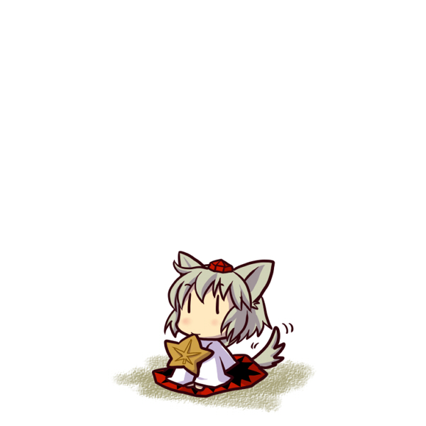 socha, inubashiri momiji, touhou, 1girl, animal ears, chibi, female focus, grey hair, hat, simple background, solo, tail, tail wagging, tokin hat, wolf ears, wolf tail, | |