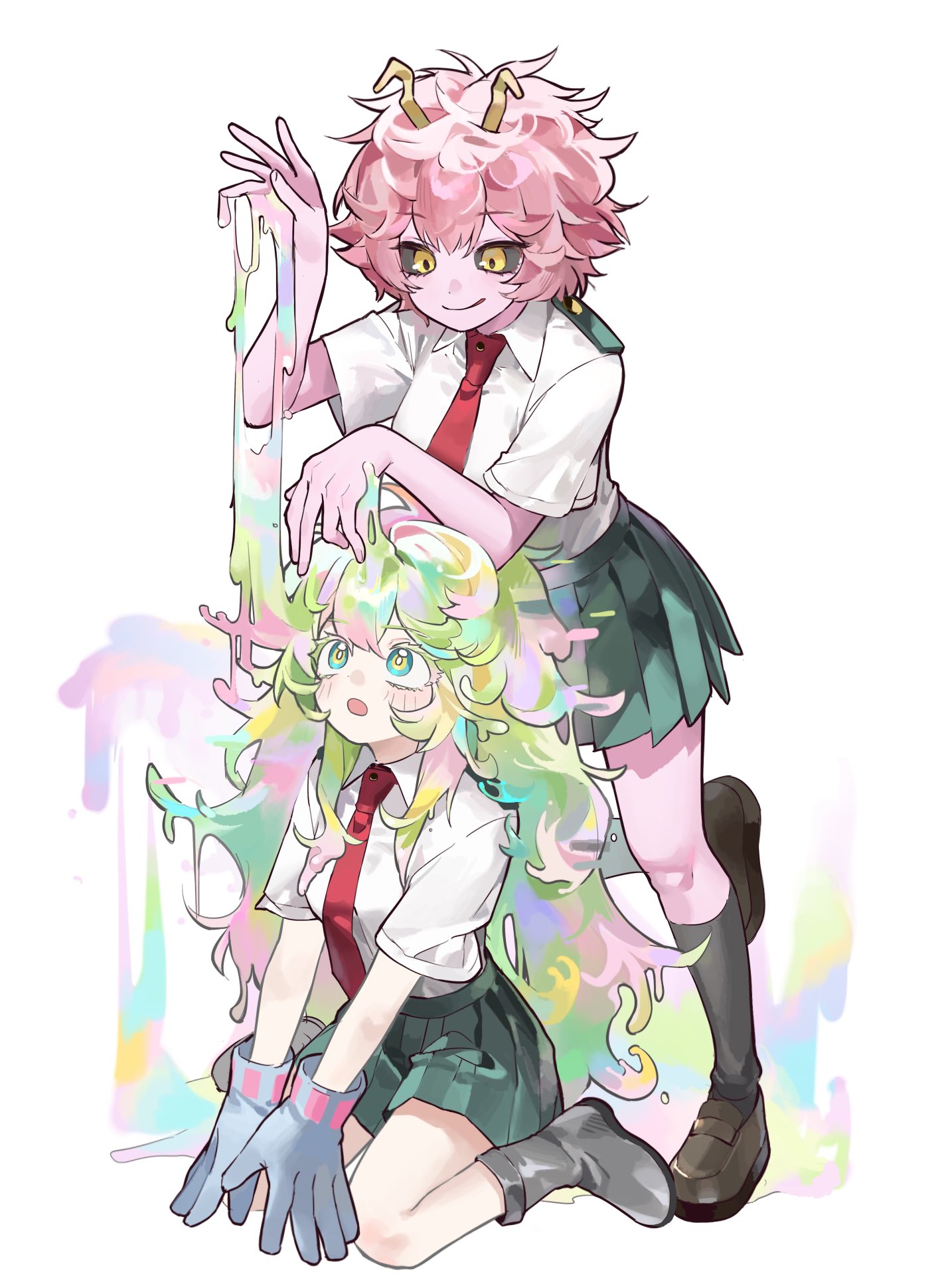 ahha3 good, ashido mina, hagakure toru, boku no hero academia, commentary, highres, 1girl, antennae, black sclera, black socks, blonde streaks, blue gloves, boots, brown shoes, closed mouth, collared shirt, colored eyelashes, colored sclera, full body, gloves, green eyes, green hair, green skirt, grey boots, light blush, loafers, long hair, medium hair, messy hair, multicolored eyes, multicolored hair, necktie, open mouth, pink hair, pink streaks, pleated skirt, red necktie, school uniform, shirt, shirt tucked in, shoes, sitting, skirt, smile, socks, streaked hair, thick eyelashes, u.a. school uniform, white background, white shirt, yellow eyes