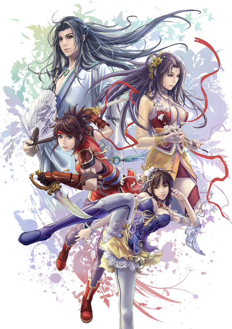 eat, eat0123, original, 3girls, armor, black hair, blue eyes, bracelet, branch, breasts, brown hair, choker, cleavage, dagger, dress, dual wielding, fighting stance, frills, gauntlets, hair ornament, hairband, hand fan, headband, holding, jewelry, kicking, knife, large breasts, long hair, multiple girls, necklace, ponytail, purple eyes, ribbon, see-through clothes, thighhighs, weapon, zettai ryouiki