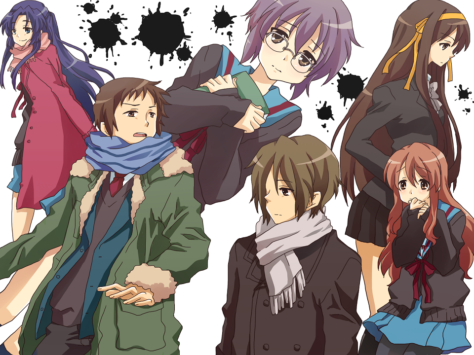 kita (festivalstar), asahina mikuru, asakura ryoko, koizumi itsuki, kyon, nagato yuki, suzumiya haruhi, suzumiya haruhi no shoushitsu, suzumiya haruhi no yuuutsu, bad id, bad pixiv id, 10s, 2boys, 4girls, alternate costume, alternate hairstyle, blouse, coat, kouyouen academy school uniform, multiple boys, multiple girls, official alternate hair length, official alternate hairstyle, paint splatter, pantyhose, pink coat, school uniform, serafuku, shirt, splotch, white shirt, winter clothes