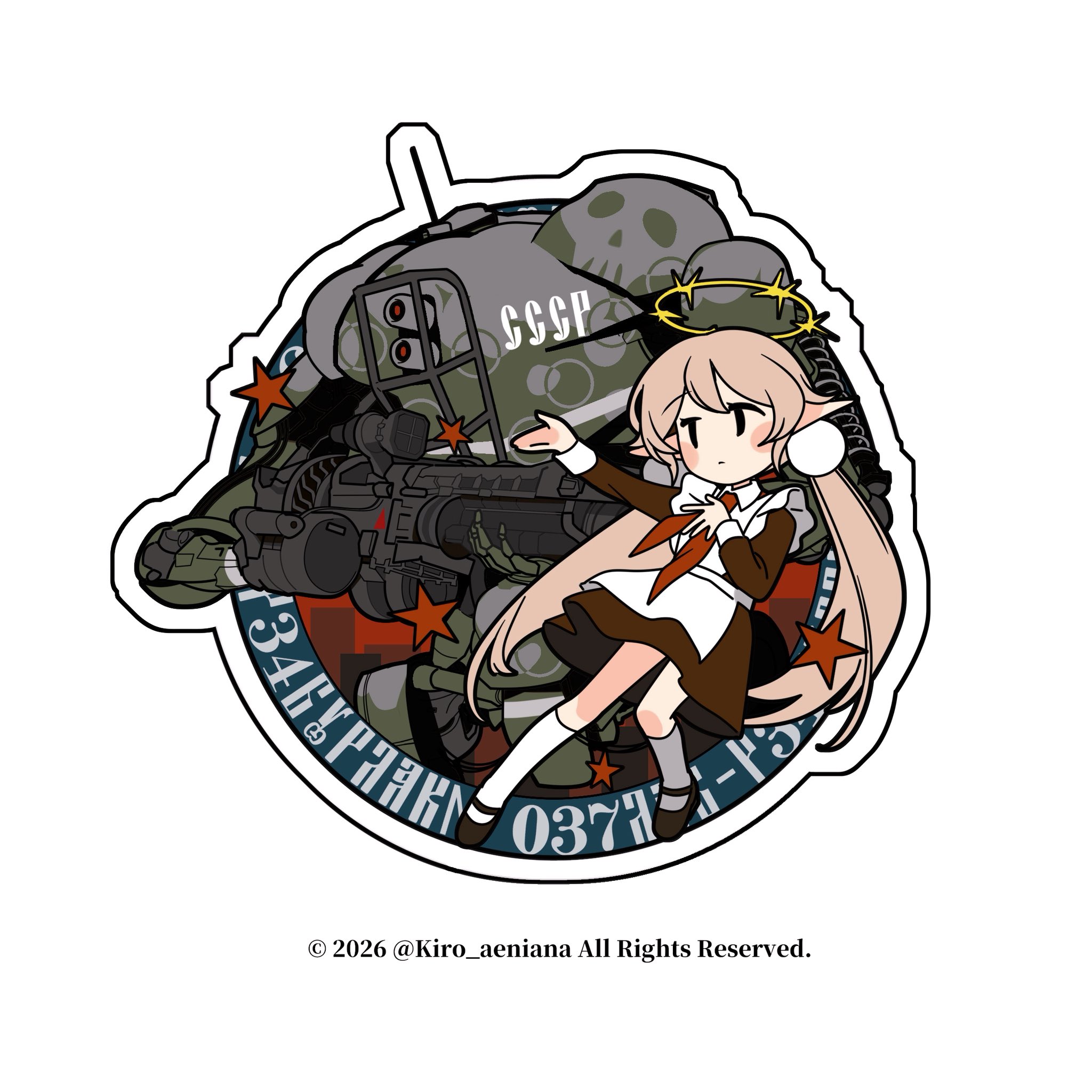 kiriyaukiyoe, original, commentary, english commentary, highres, 1girl, apron, black eyes, blonde hair, brown dress, dress, frilled apron, frills, halo, laika (kiriyaukiyoe), long hair, looking to the side, mecha, neckerchief, red neckerchief, robot, school uniform, socks, solo, soviet school uniform, sticker (medium), twintails, very long hair, white socks