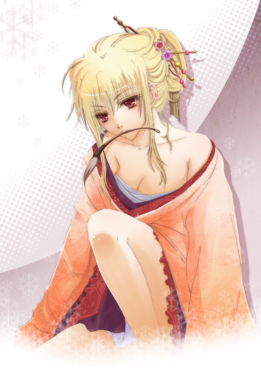 lina (interlude), fate testarossa, lyrical nanoha, mahou shoujo lyrical nanoha, mahou shoujo lyrical nanoha strikers, highres, 00s, 1girl, blonde hair, blush, breasts, cleavage, female focus, hair ornament, halftone, halftone background, japanese clothes, kimono, mouth hold, red eyes, small breasts, solo