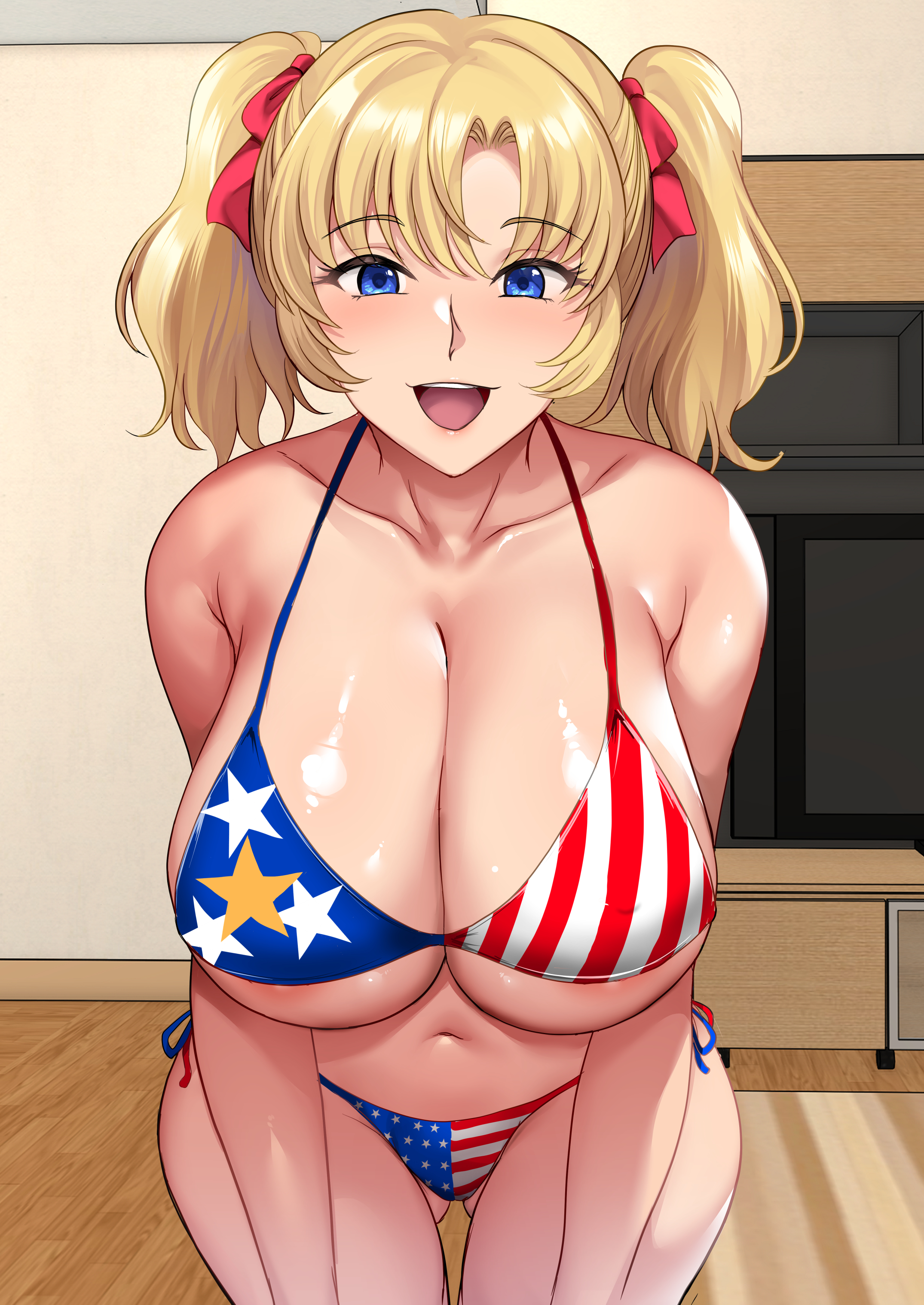 hozumi kenji, original, absurdres, highres, 1girl, :d, american flag, american flag bikini, american flag print, bikini, blonde hair, blue eyes, bow, breasts, cleavage, collarbone, cropped legs, feet out of frame, flag print, flag print bikini, hair bow, huge breasts, indoors, large breasts, looking at viewer, navel, open mouth, print bikini, red bow, short twintails, side-tie bikini bottom, smile, swimsuit, twintails