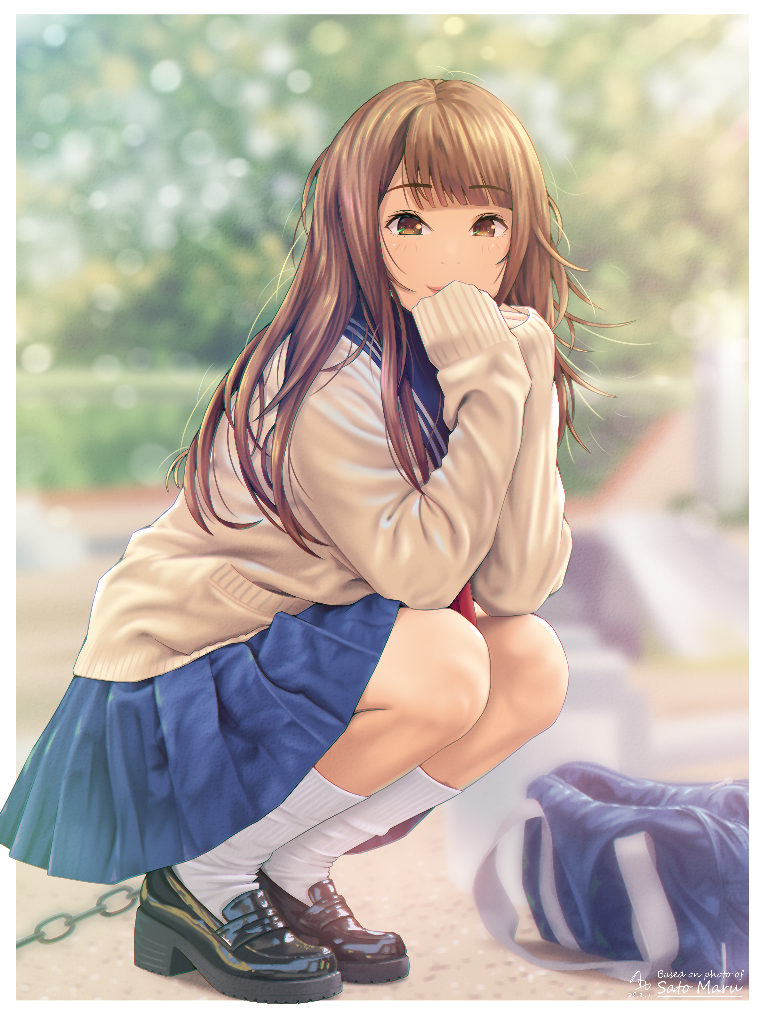 a.x., original, absurdres, commentary request, highres, photo-referenced, 1girl, black shoes, blue skirt, blurry, bokeh, border, brown eyes, brown hair, dated, depth of field, english text, leaf, leaf on head, long hair, looking at viewer, outdoors, outside border, pleated skirt, school uniform, serafuku, shoes, skirt, smile, socks, solo, squatting, sweater, white border, white socks