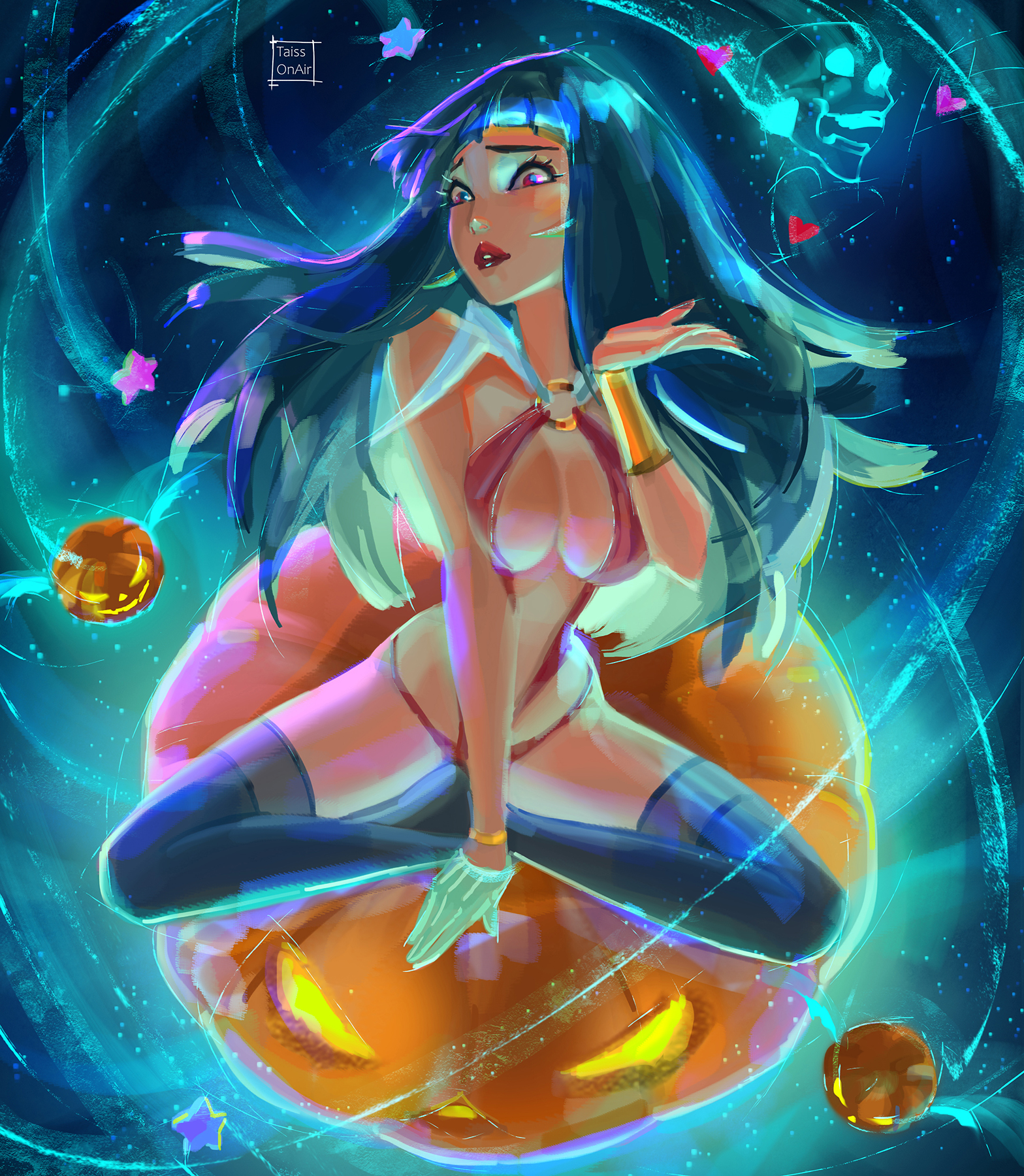 tatti art, vampirella (character), vampirella, commentary request, highres, paid reward available, 1girl, artist name, black hair, blowing kiss, bracelet, breasts, cleavage, gold bracelet, heart, indian style, jack-o'-lantern, jewelry, large breasts, long hair, looking at viewer, narrow waist, o-ring, o-ring swimsuit, parted lips, red lips, red slingshot swimsuit, sitting, skull, slingshot swimsuit, solo, star (symbol), swimsuit