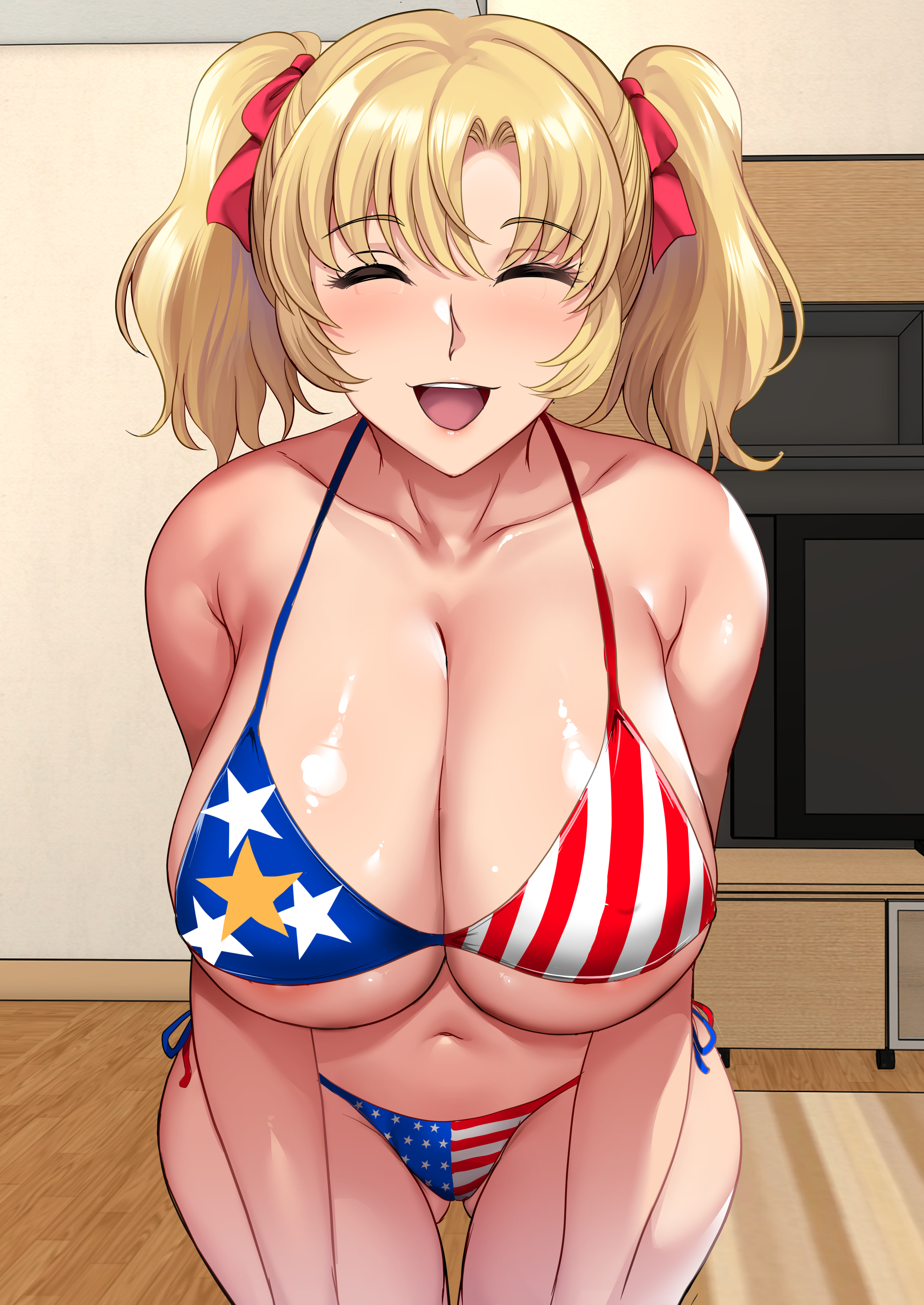 hozumi kenji, original, absurdres, commentary request, highres, 1girl, :d, american flag, american flag bikini, american flag print, bikini, blonde hair, bow, breasts, cleavage, closed eyes, collarbone, cropped legs, feet out of frame, flag print, flag print bikini, hair bow, huge breasts, indoors, large breasts, navel, open mouth, print bikini, red bow, short twintails, side-tie bikini bottom, smile, swimsuit, twintails