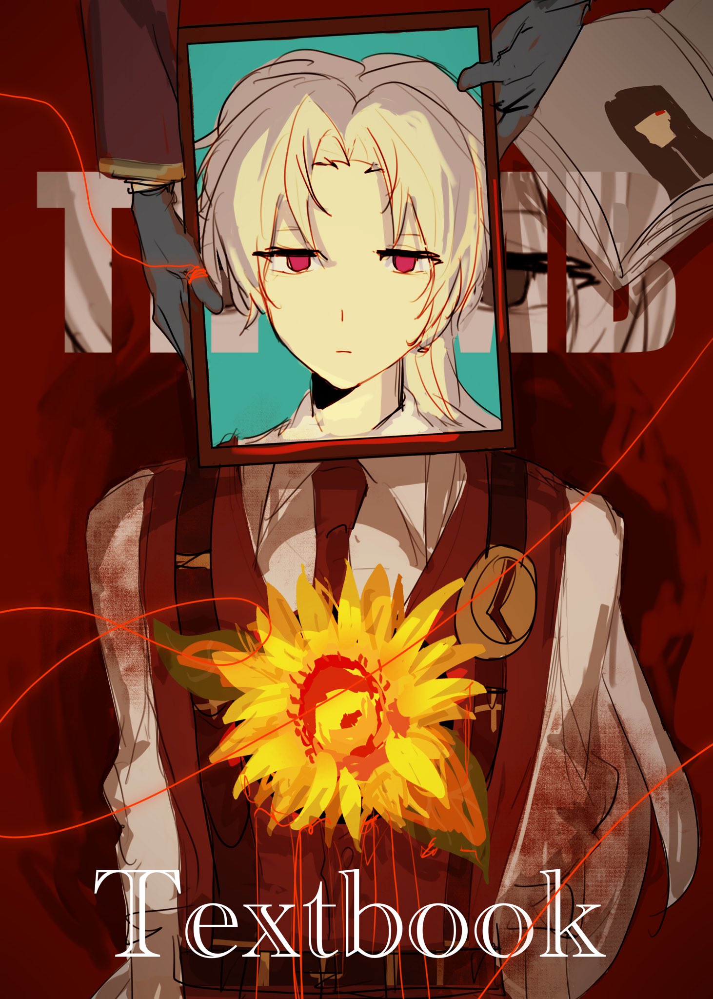 lucio (project moon), valencina (project moon), limbus company, project moon, commentary, english commentary, highres, 1boy, 1girl, black gloves, book, closed mouth, cowboy shot, english text, gloves, long hair, necktie, ponytail, red eyes, red necktie, red vest, shirt, solo, vest, white hair, white shirt, xh evildoer