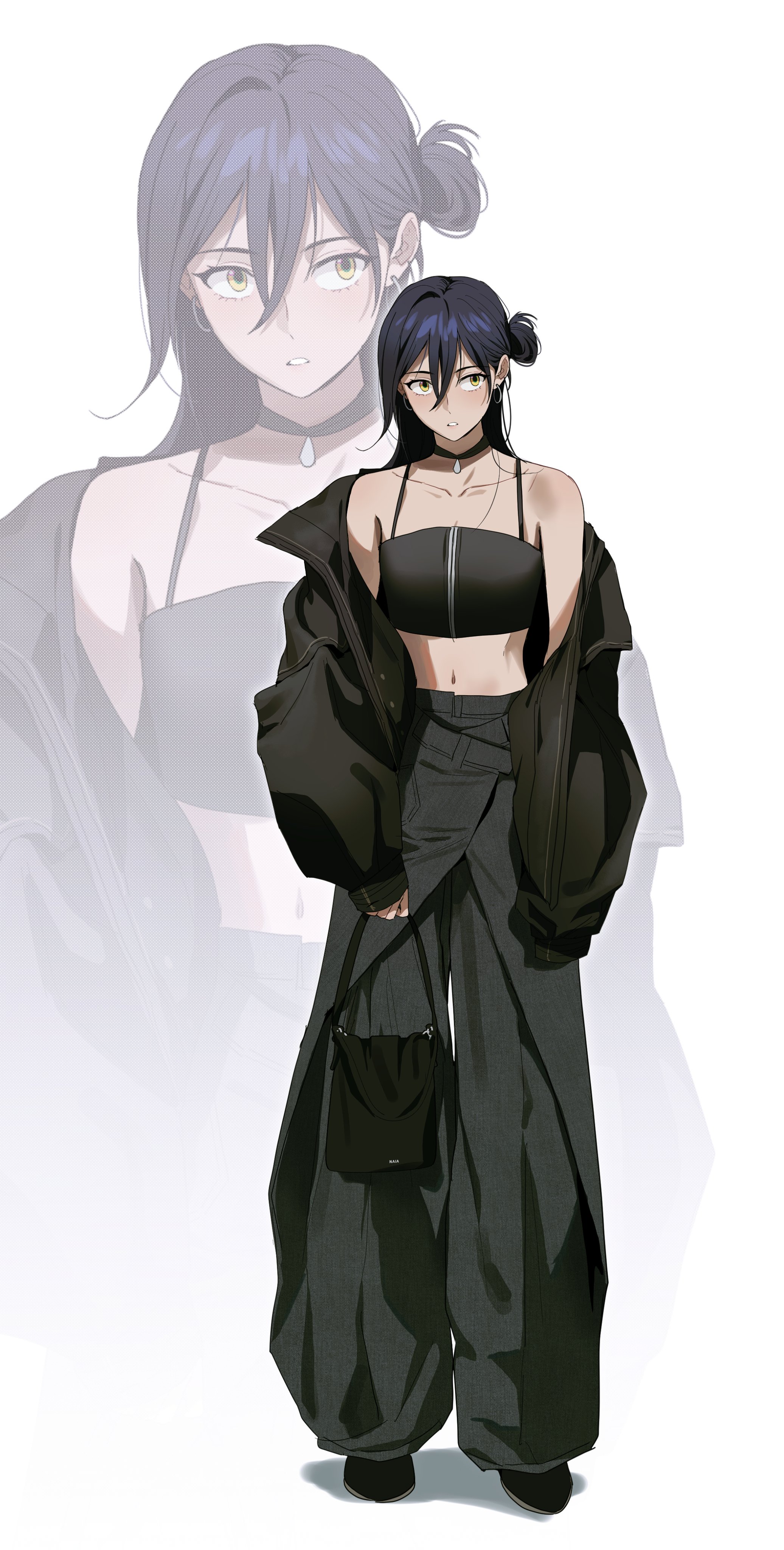 otakulifewow, nyaan (gundam gquuuuuux), gundam, gundam gquuuuuux, absurdres, commentary request, highres, korean commentary, 1girl, bag, blush, choker, crop top, earrings, full body, hair bun, half updo, holding, holding bag, jacket, jewelry, long hair, midriff, navel, pants, single hair bun, solo, standing, streetwear, white background, yellow eyes, zoom layer