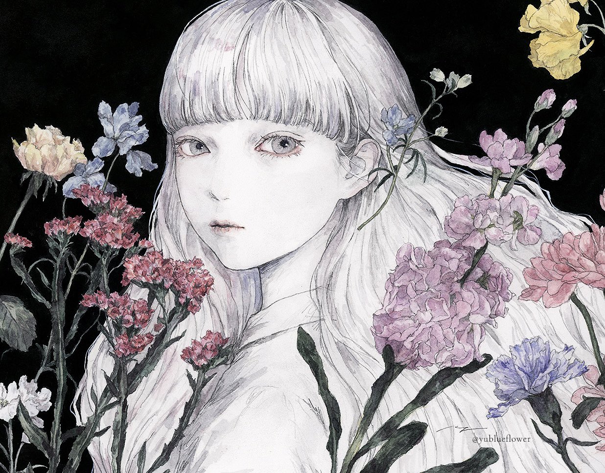 ringo komachi, original, commentary request, flower request, painting (medium), traditional media, watercolor (medium), 1girl, black background, blunt bangs, colored skin, expressionless, flower, long hair, looking at viewer, shirt, solo, upper body, white eyes, white hair, white shirt, white skin