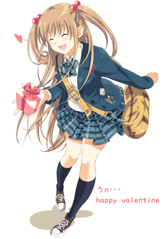 kitagawa unagi, converse, original, bad id, bad pixiv id, 1girl, bag, blush, brown hair, closed eyes, female focus, gift, hair bobbles, hair ornament, happy valentine, heart, kneehighs, legs, school uniform, shoes, skirt, smile, sneakers, socks, solo, twintails, two side up, valentine