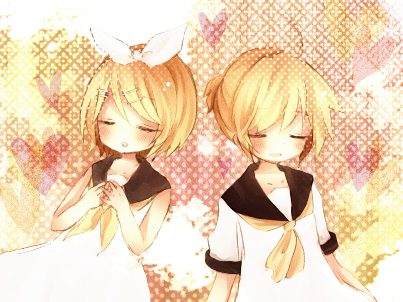 ou (swdp), kagamine len, kagamine rin, vocaloid, bad id, bad pixiv id, 1boy, 1girl, aged down, blonde hair, brother and sister, closed eyes, hair ornament, hair ribbon, hairclip, ribbon, siblings, twins