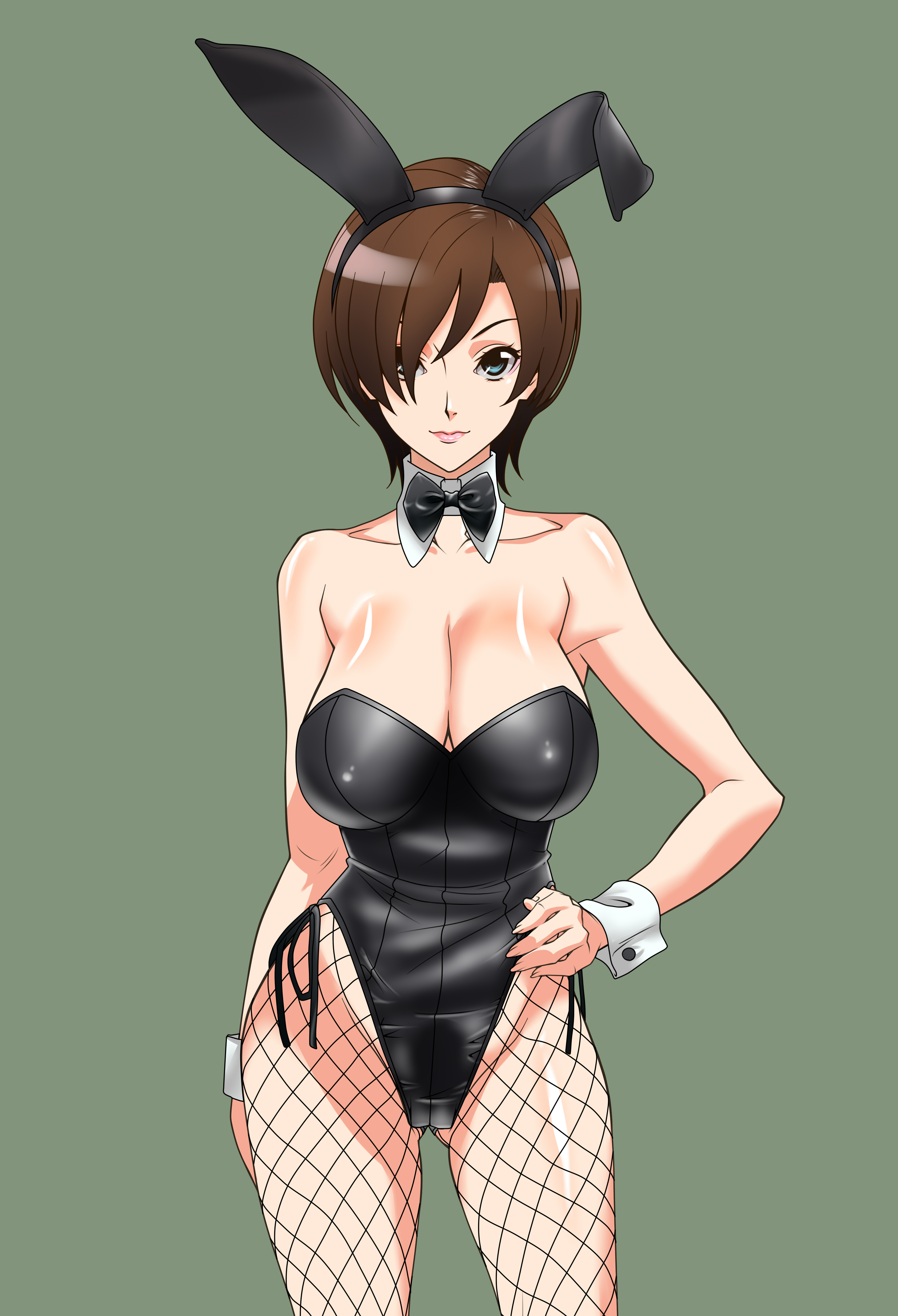 hirabaru kenji, meiko (vocaloid), vocaloid, absurdres, highres, 1girl, animal ears, blue eyes, breasts, brown hair, cleavage, fake animal ears, female focus, fishnet pantyhose, fishnets, large breasts, lips, pantyhose, playboy bunny, rabbit ears, short hair, simple background, solo