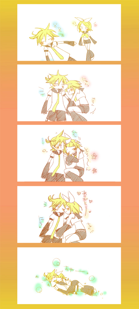 nao (flake), kagamine len, kagamine rin, vocaloid, long image, tall image, 1boy, 1girl, arm hug, blonde hair, blush, brother and sister, hair ribbon, hetero, kiss, ribbon, short hair, siblings, twins