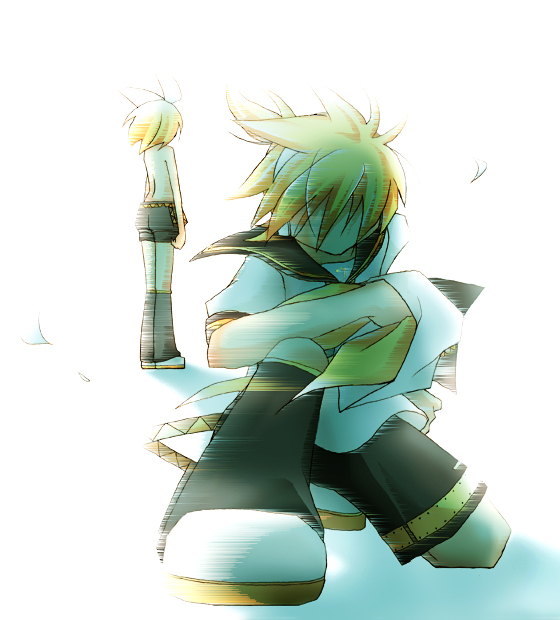 nao (flake), kagamine len, kagamine rin, vocaloid, 1boy, 1girl, blonde hair, brother and sister, clothes theft, faceless, faceless male, siblings, theft, topless female, twins