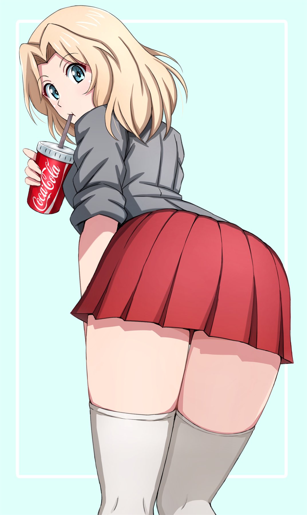 omachi (slabco), kay (girls und panzer), coca-cola, girls und panzer, hashtag-only commentary, highres, 1girl, :t, aqua background, ass, blonde hair, blue eyes, breasts, cup, disposable cup, drinking straw, drinking straw in mouth, from behind, grey jacket, hair intakes, holding, holding cup, jacket, leaning forward, looking at viewer, looking back, miniskirt, pleated skirt, red skirt, school uniform, simple background, skirt, solo, thighhighs, white thighhighs, zettai ryouiki