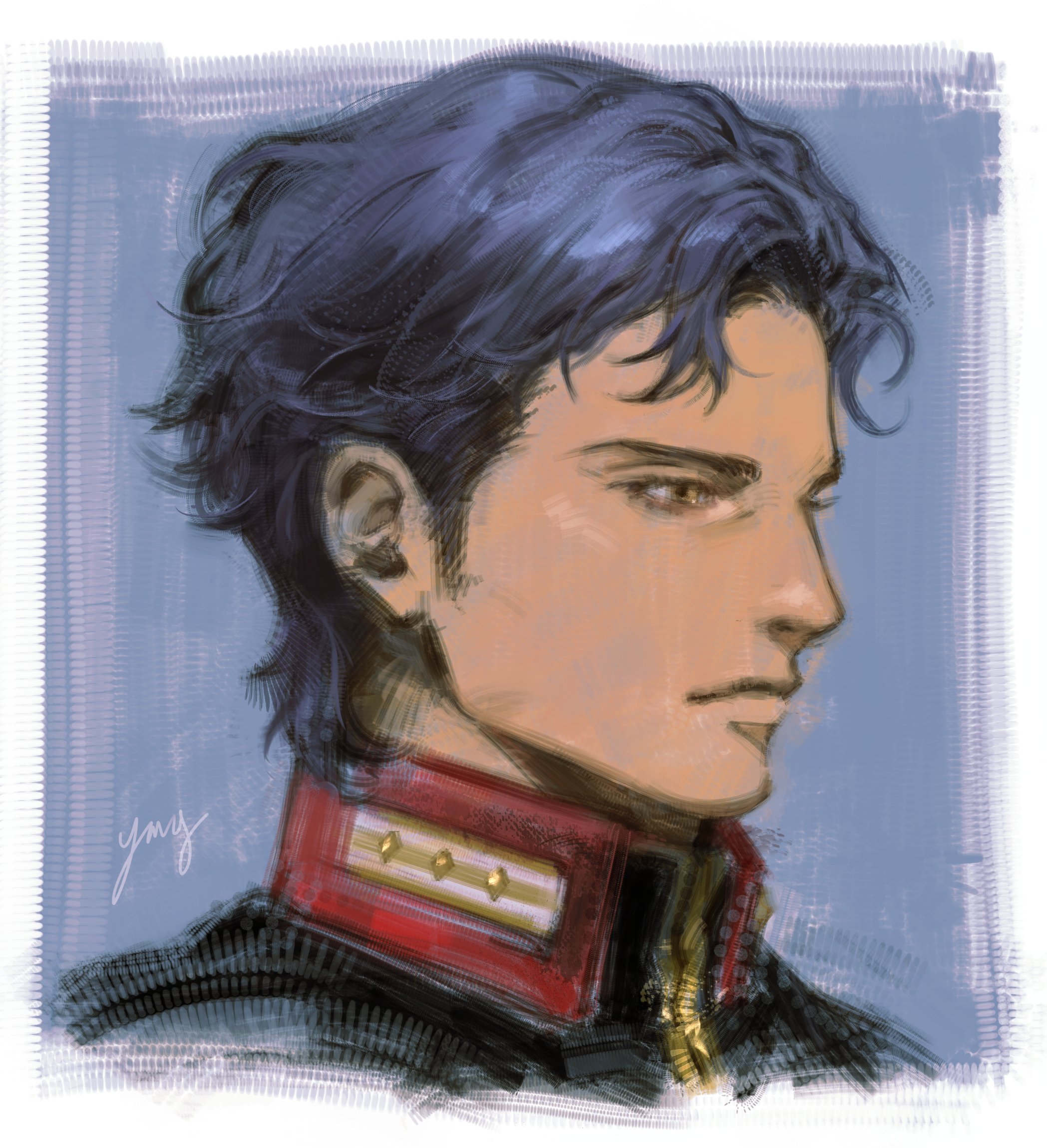 su2urann, kenneth sleg, gundam, gundam hathaway's flash, commentary request, highres, 1boy, black hair, blue background, brown eyes, dark-skinned male, dark skin, jacket, male focus, military uniform, portrait, short hair, solo