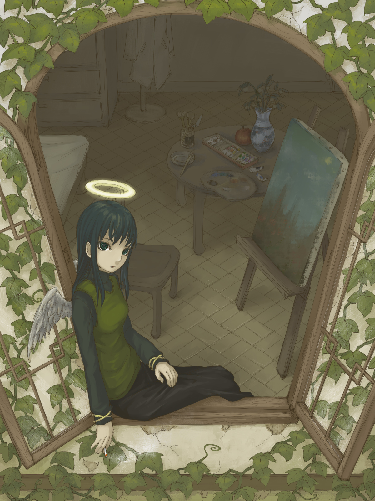 yuru, reki (haibane renmei), haibane renmei, highres, 00s, 1girl, angel wings, art brush, black hair, canvas (object), cigarette, easel, female focus, green eyes, halo, ivy, long hair, looking at viewer, paint, paint palette, paintbrush, painting (action), plant, sitting, solo, table, traditional halo, vase, vines, window, windowsill, wings
