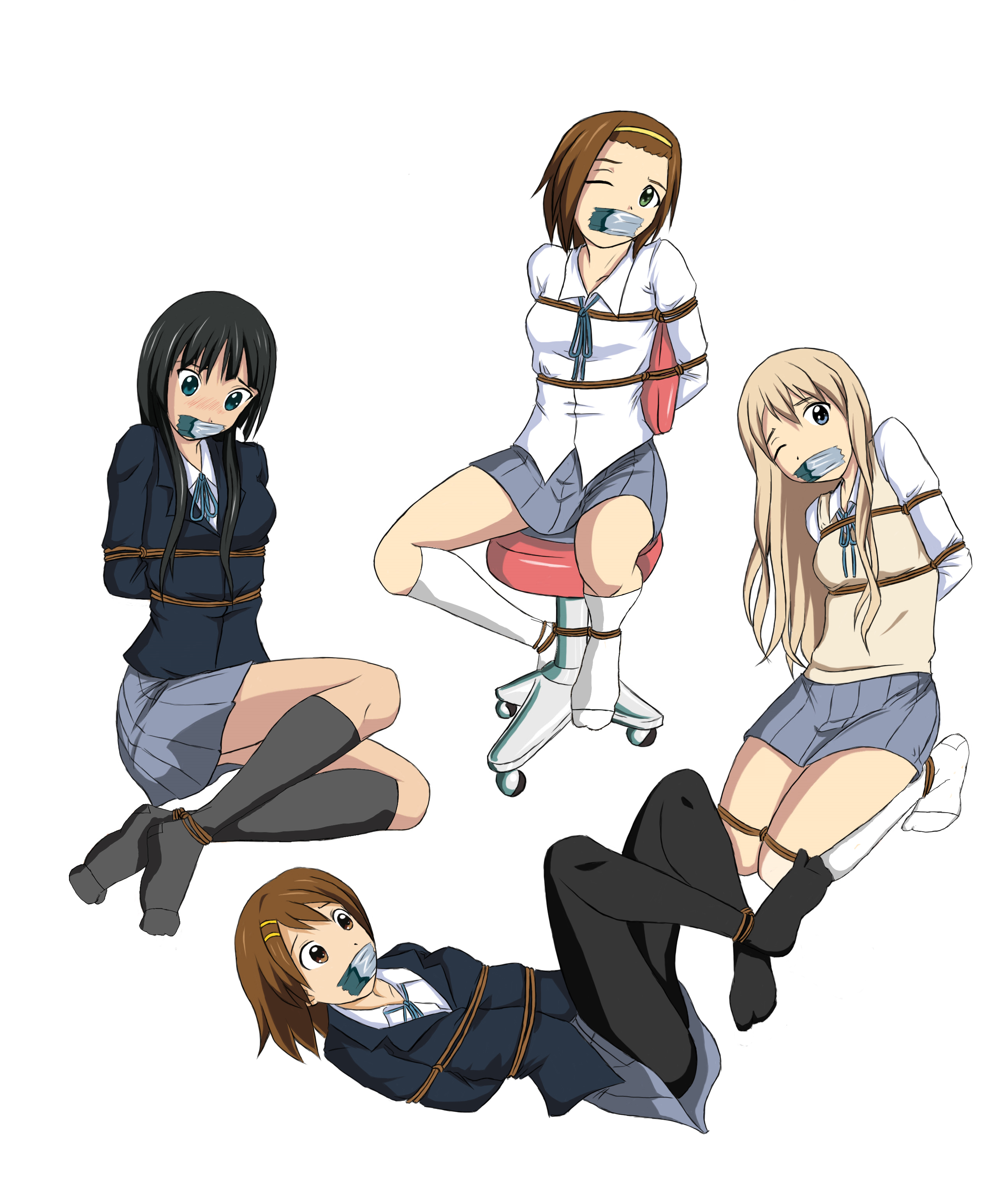 akiyama mio, hirasawa yui, kotobuki tsumugi, tainaka ritsu, k-on!, absurdres, highres, 4girls, arms behind back, bdsm, blush, bondage, bound, bound ankles, bound arms, bound legs, box tie, breast bondage, breasts, chair, gag, gagged, hairband, improvised gag, kneehighs, kneeling, long hair, multiple girls, pantyhose, rope, school uniform, serafuku, short hair, sitting, skirt, socks, sweater vest, tape, tape gag, wink