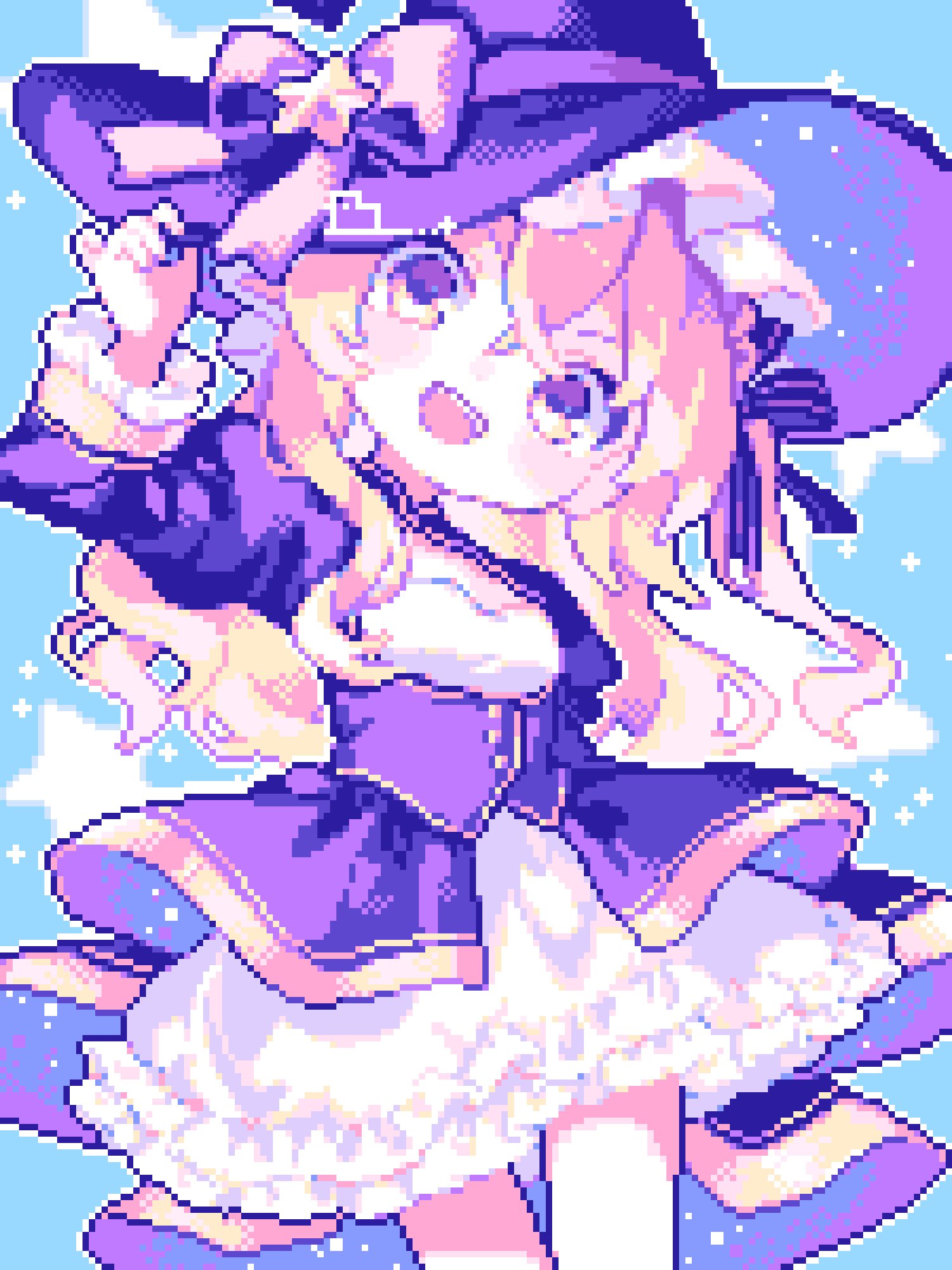 ahiru tokotoko, kirisame marisa, touhou, commentary request, highres, 1girl, :d, arm up, blonde hair, blue background, blush stickers, bow, cowboy shot, crossed bangs, double-parted bangs, frilled sleeves, frills, hair between eyes, hand on headwear, hat, hat bow, long hair, long sleeves, looking at viewer, open mouth, outline, pixel art, purple bow, purple hat, purple shirt, shirt, skirt, smile, solo, white outline, white skirt, witch hat, yellow eyes