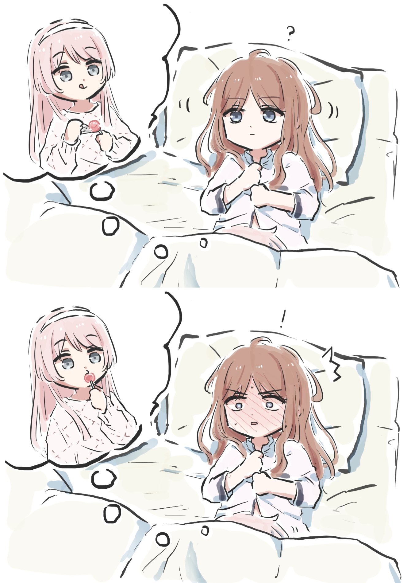 lyy, chihaya anon, nagasaki soyo, bang dream!, bang dream! it's mygo!!!!!, commentary, highres, symbol-only commentary, 2girls, bite mark, bite mark on arm, blue eyes, blush, brown hair, candy, food, full-face blush, grey eyes, hairband, implied cunnilingus, lollipop, long hair, multiple girls, pajamas, pillow, pink hair, shirt, sweat, under covers, white hairband, white shirt, yuri