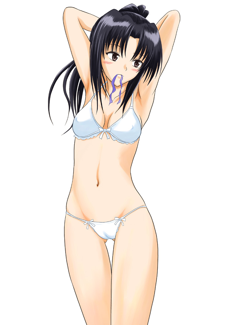 mutsuki raimu, kujou rin, to love-ru, 1girl, adjusting hair, armpits, arms up, black hair, bra, brown eyes, female focus, lingerie, long hair, mouth hold, panties, ponytail, solo, underwear, underwear only