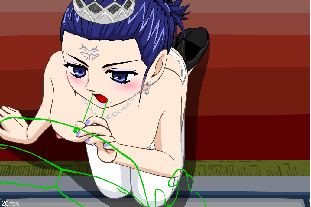 queen (erotica), erotical night, artist request, 1girl, arm support, blush, crown, facial mark, fellatio, forehead mark, indoors, jewelry, looking at viewer, matching hair/eyes, mole, necklace, oral, panties, pov, purple eyes, purple hair, short hair, thighhighs, topless female, underwear, white panties