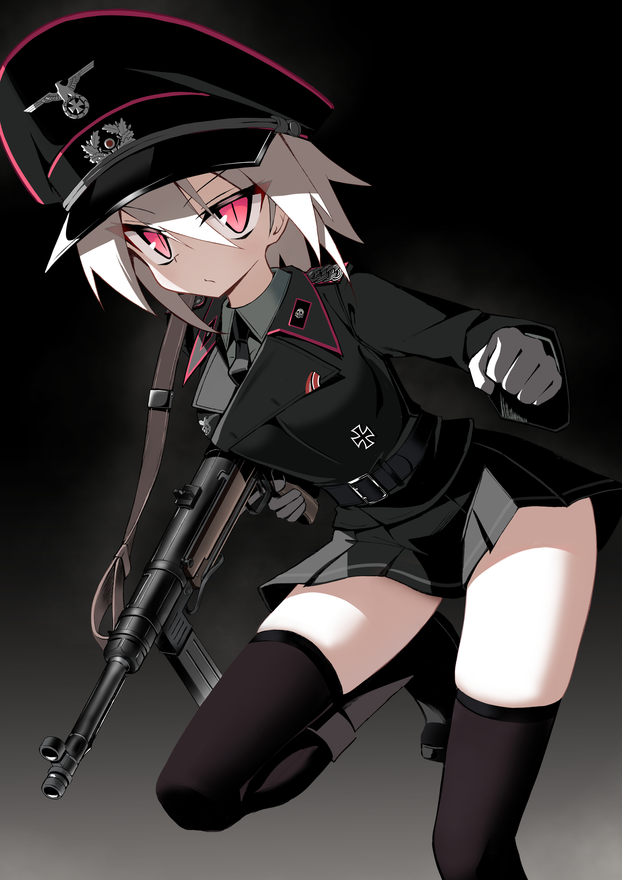 jiseki rena, original, absurdres, commentary request, highres, 1girl, belt, black belt, black jacket, black necktie, black skirt, blonde hair, clenched hand, collared shirt, cross, gradient background, gun, hair between eyes, hat, holding, holding gun, holding weapon, iron cross, jacket, looking at viewer, mp40, nazi, necktie, peaked cap, pleated skirt, red eyes, red trim, reichsadler, rena (jiseki rena), shirt, skirt, solo, submachine gun, thighhighs, totenkopf, trigger discipline, tsurime, weapon