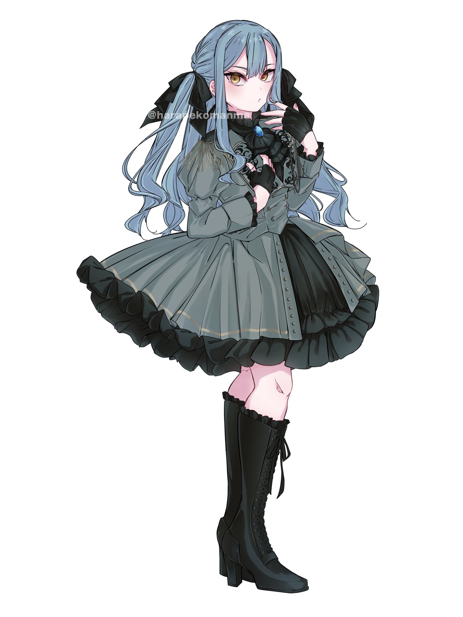 rurunekoma, togawa sakiko, bang dream!, bang dream! it's mygo!!!!!, commentary request, highres, 1girl, black boots, black gloves, black ribbon, blue hair, boots, dress, fingerless gloves, flower stand art, gloves, grey dress, hair ribbon, high heel boots, high heels, knee boots, long hair, long sleeves, ribbon, sidelocks, solo, twitter username, two side up, yellow eyes