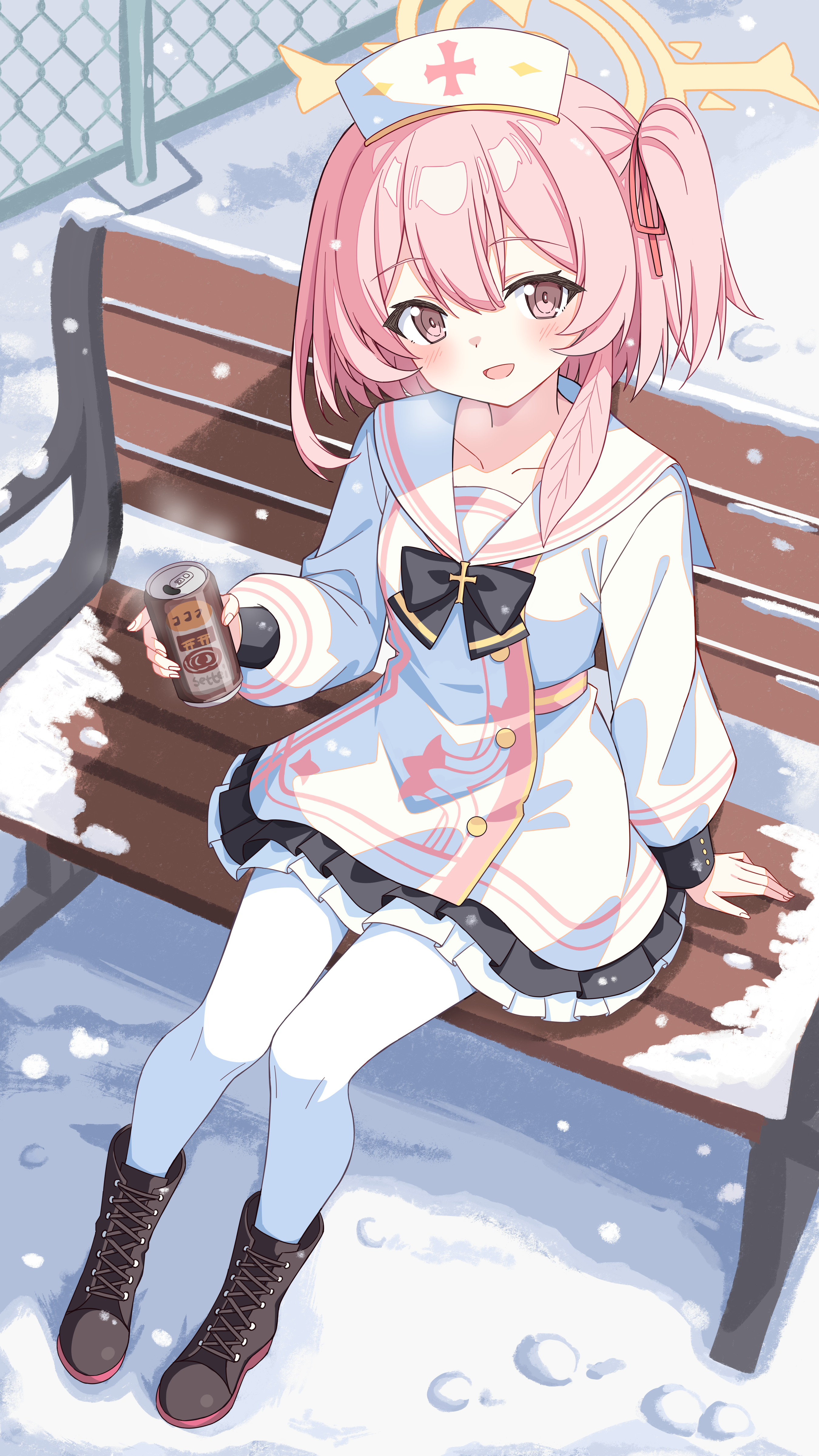 setteiset, serina (blue archive), blue archive, absurdres, commentary request, highres, textless version, 1girl, :d, bench, black skirt, blush, boots, brown boots, can, chain-link fence, collarbone, day, double-parted bangs, drink can, fence, frilled skirt, frills, full body, hair between eyes, halo, holding, holding can, lace-up boots, long sleeves, looking at viewer, one side up, open mouth, outdoors, pantyhose, pink eyes, pink hair, pleated skirt, sailor collar, school uniform, serafuku, shirt, short hair, sitting, skirt, smile, snow, snowing, solo, white pantyhose, white sailor collar, white shirt, winter, yellow halo