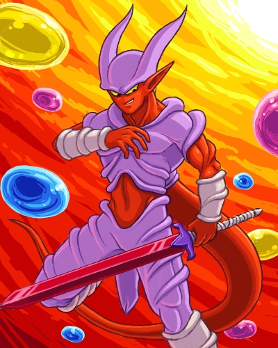 janemba, dragon ball, dragonball z, lowres, 1boy, colored skin, demon, male focus, pointy ears, red skin, solo, yellow eyes