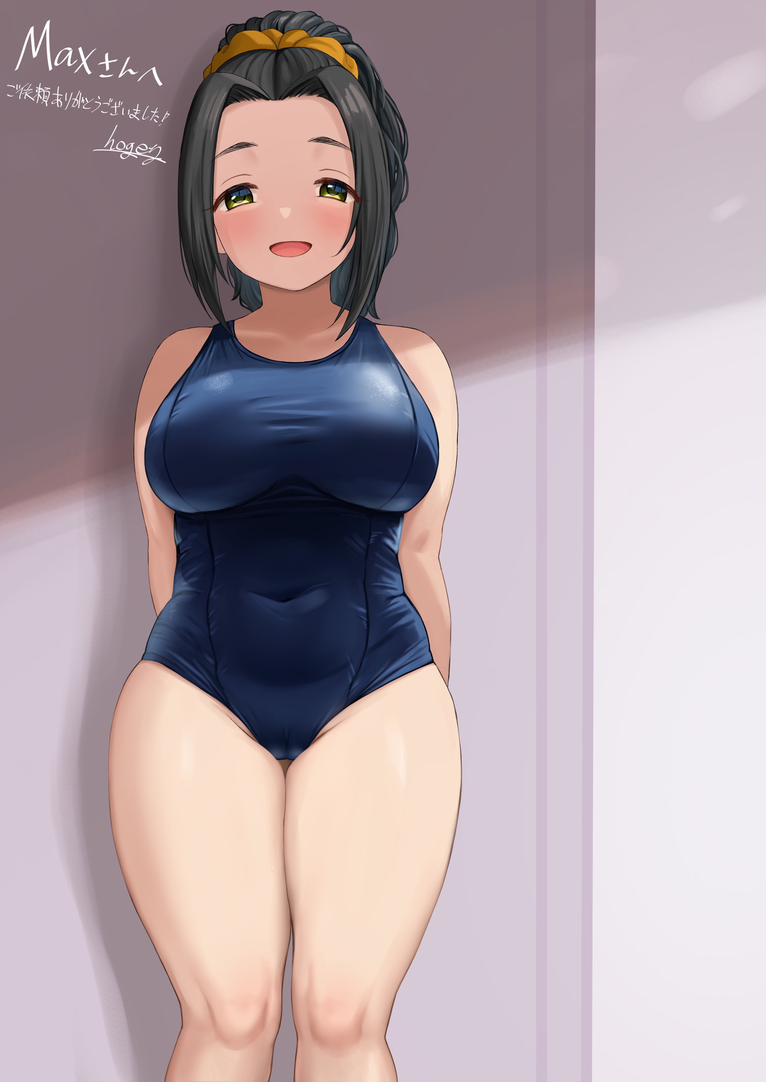 hogey nk-2000, ebihara naho, idolmaster, idolmaster cinderella girls, absurdres, commentary request, commission, highres, second-party source, skeb commission, translation request, 1girl, arms behind back, black hair, blue one-piece swimsuit, breasts, cameltoe, commissioner name, covered navel, feet out of frame, green eyes, large breasts, navel, one-piece swimsuit, ponytail, solo, swimsuit