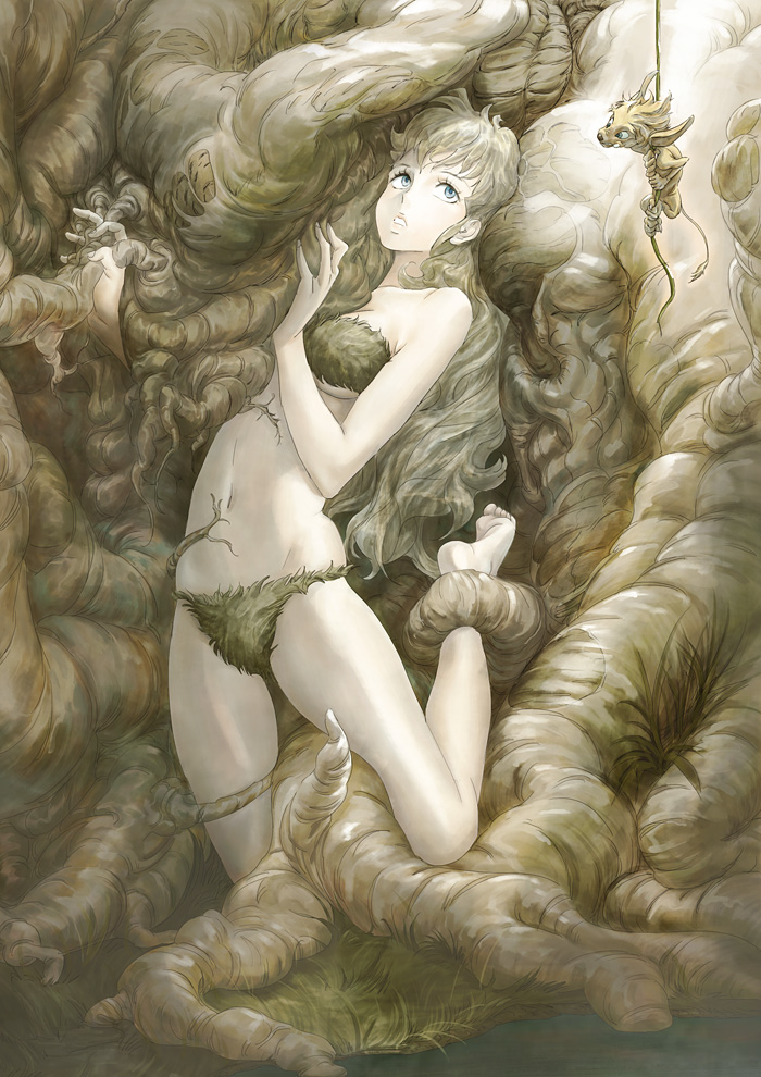ammi, kawasemi, original, bad id, bad pixiv id, 1girl, barefoot, blonde hair, blue eyes, fantasy, feet, female focus, midriff, monochrome, monster, muted color, navel, solo, tree