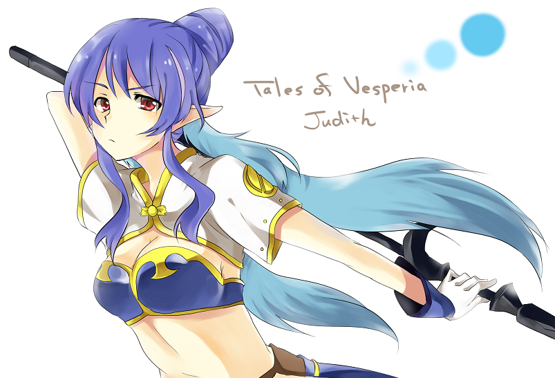 mizuse kotone, judith (tales), tales of (series), tales of vesperia, 00s, 1girl, blue hair, character name, copyright name, female focus, long hair, midriff, pointy ears, ponytail, pout, red eyes, solo, weapon, white background