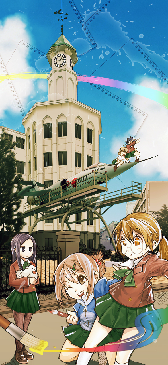 kikukawa norihiko, noda miki, nozaki namiko, oomichi miyabi, tomokane, yamaguchi kisaragi, ga geijutsuka art design class, bad id, bad pixiv id, highres, 5girls, art brush, brown eyes, brown hair, glasses, multiple girls, one eye closed, paint, paintbrush, wink